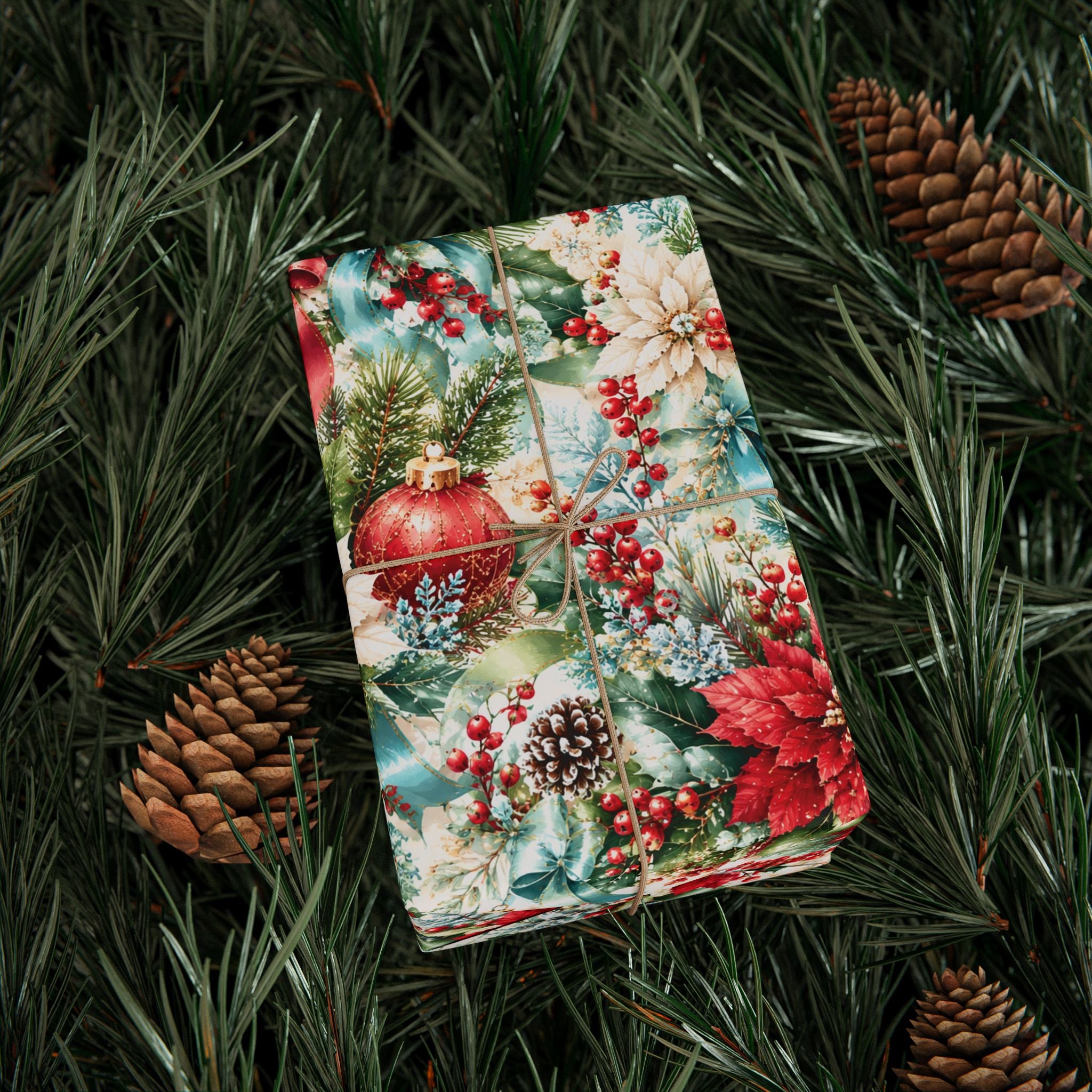 Christmas Floral Holiday Wrapping Paper – Poinsettia & Ornament Gift Wrap for Her