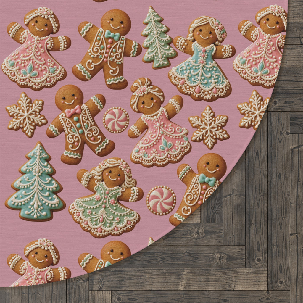 Christmas Gingerbread Round Rug — Pink Holiday Cookie Pattern Floor Mat Office