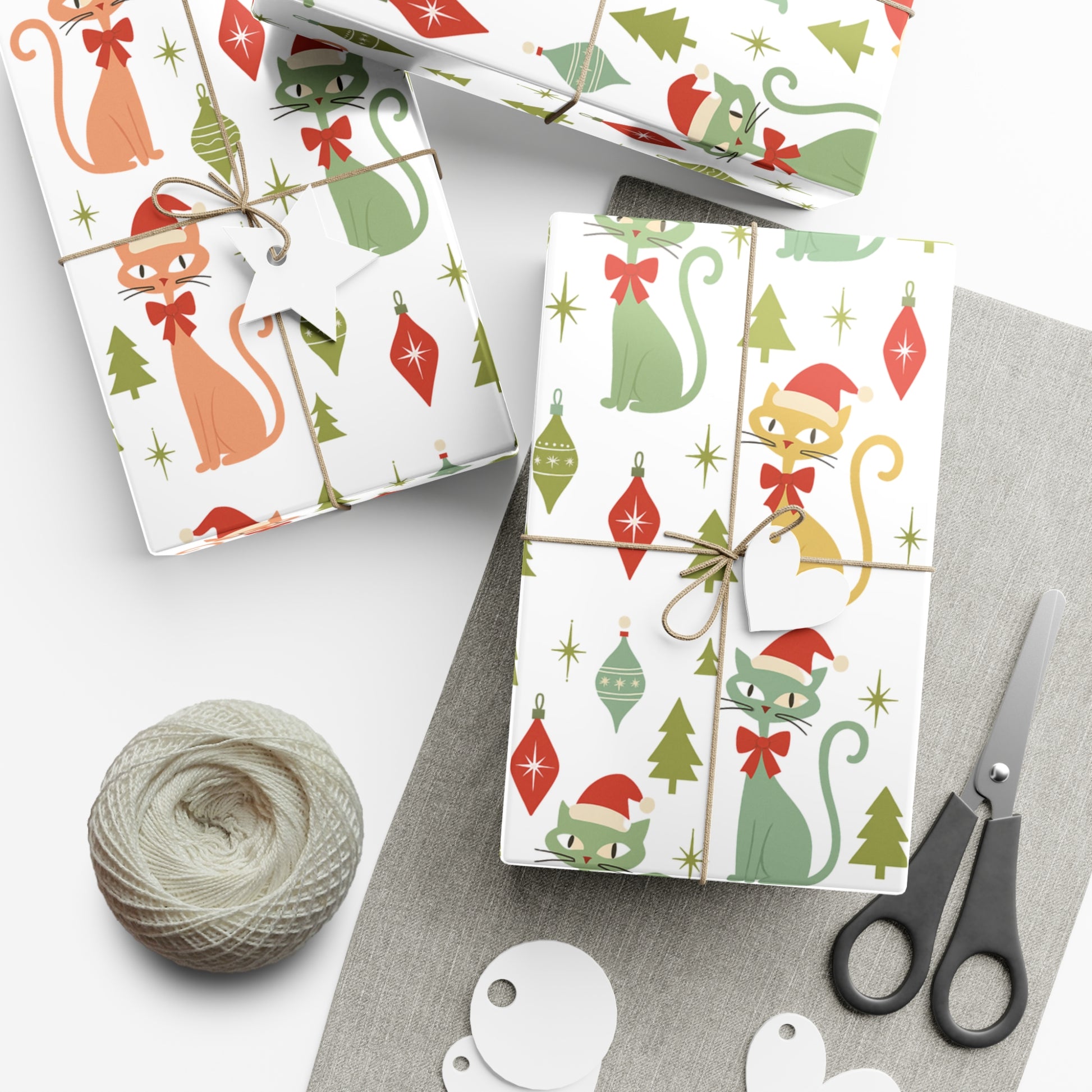 Christmas Atomic Cat Wrapping Paper, Retro Gift Wrap, Pastel Mid-Century Kitty Design, Vintage Holiday 30x20, 30x72, 30x144 Perfect for all Occasion