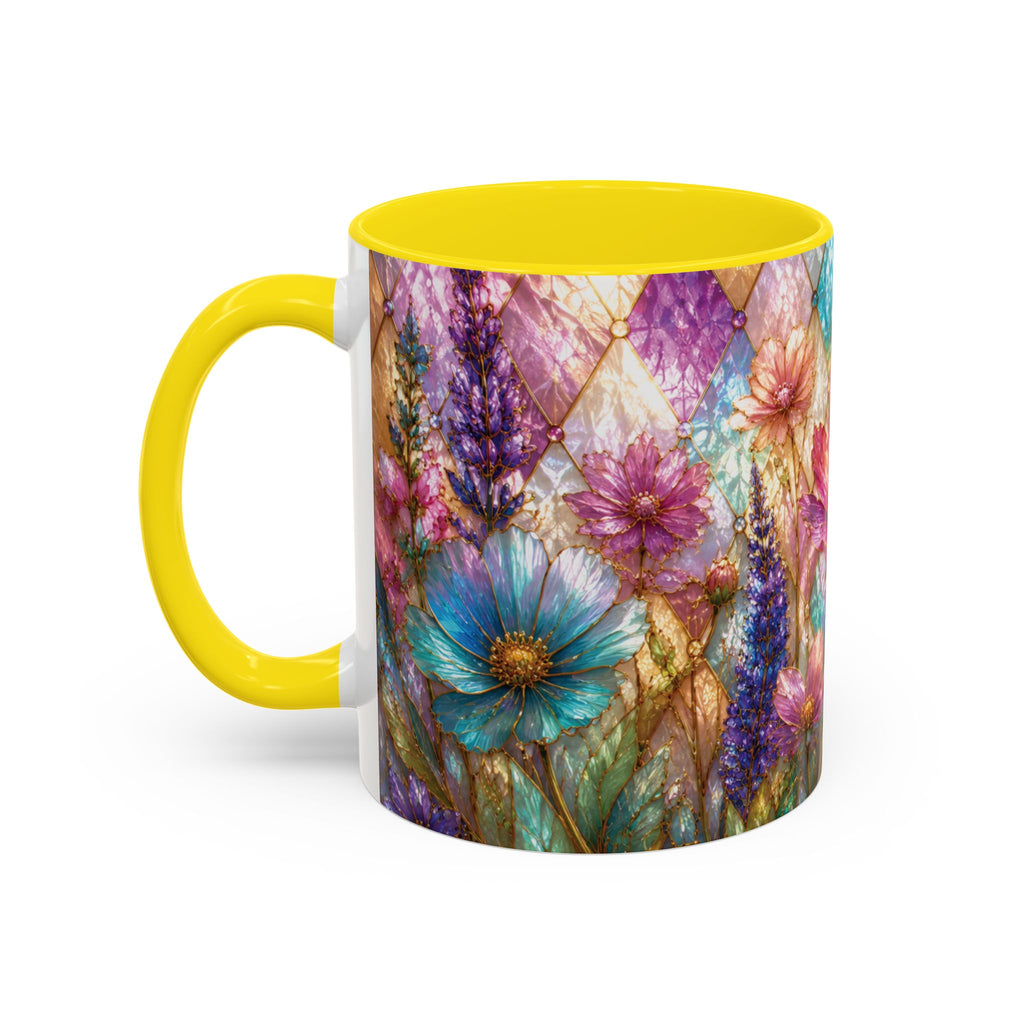 Floral Mosaic Accent Coffee Mug — Colorful Garden Flowers 11/15oz Stain Glass Illusion