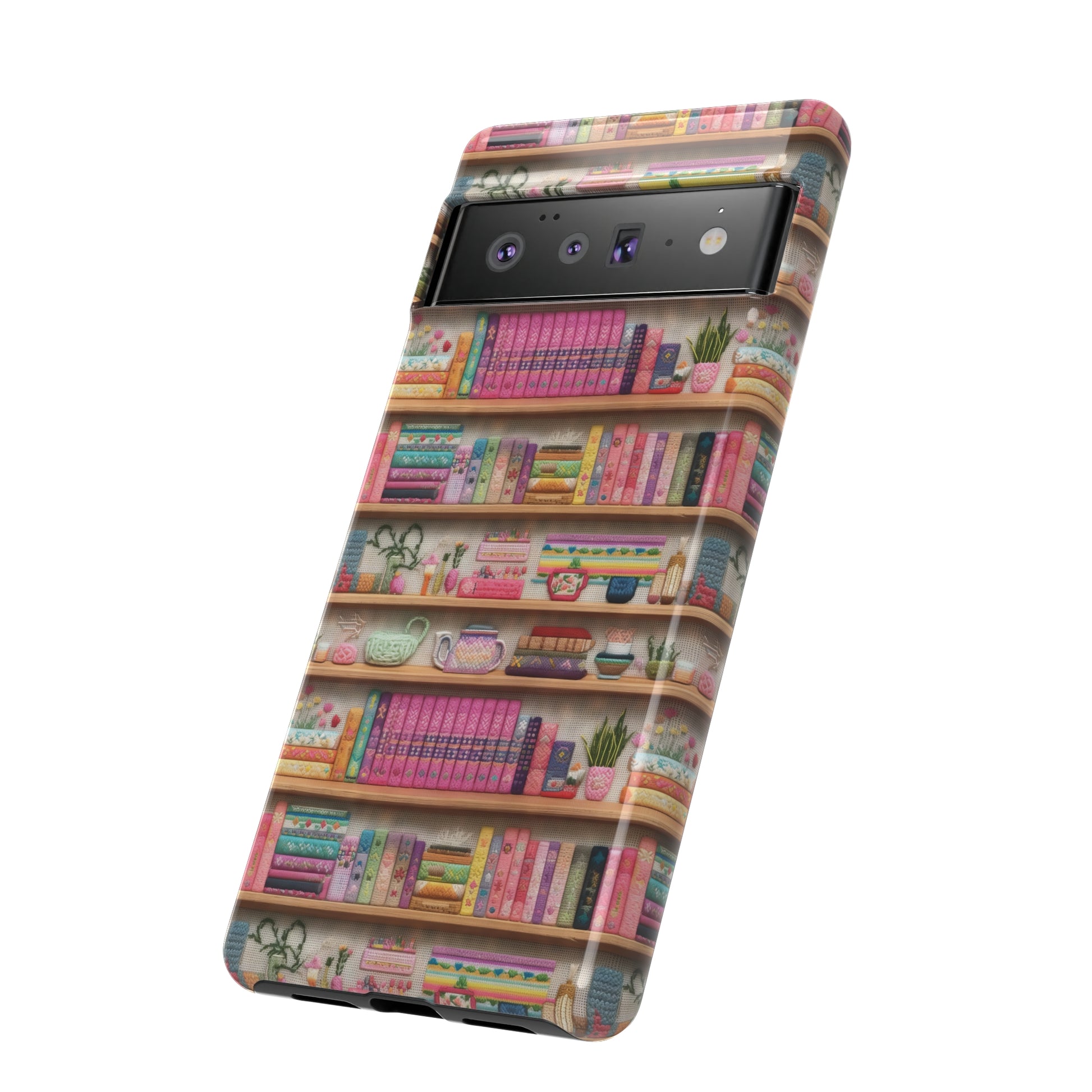 Phone Case 3D Illusion Books & Shelf Embroidery Design with Vibrant Colors Gift for Her Phone 15, Samsung iPhone Samsung Gift for Her Case iPhone 15, Samsung iPhone Samsung Accessory Gift for Her.