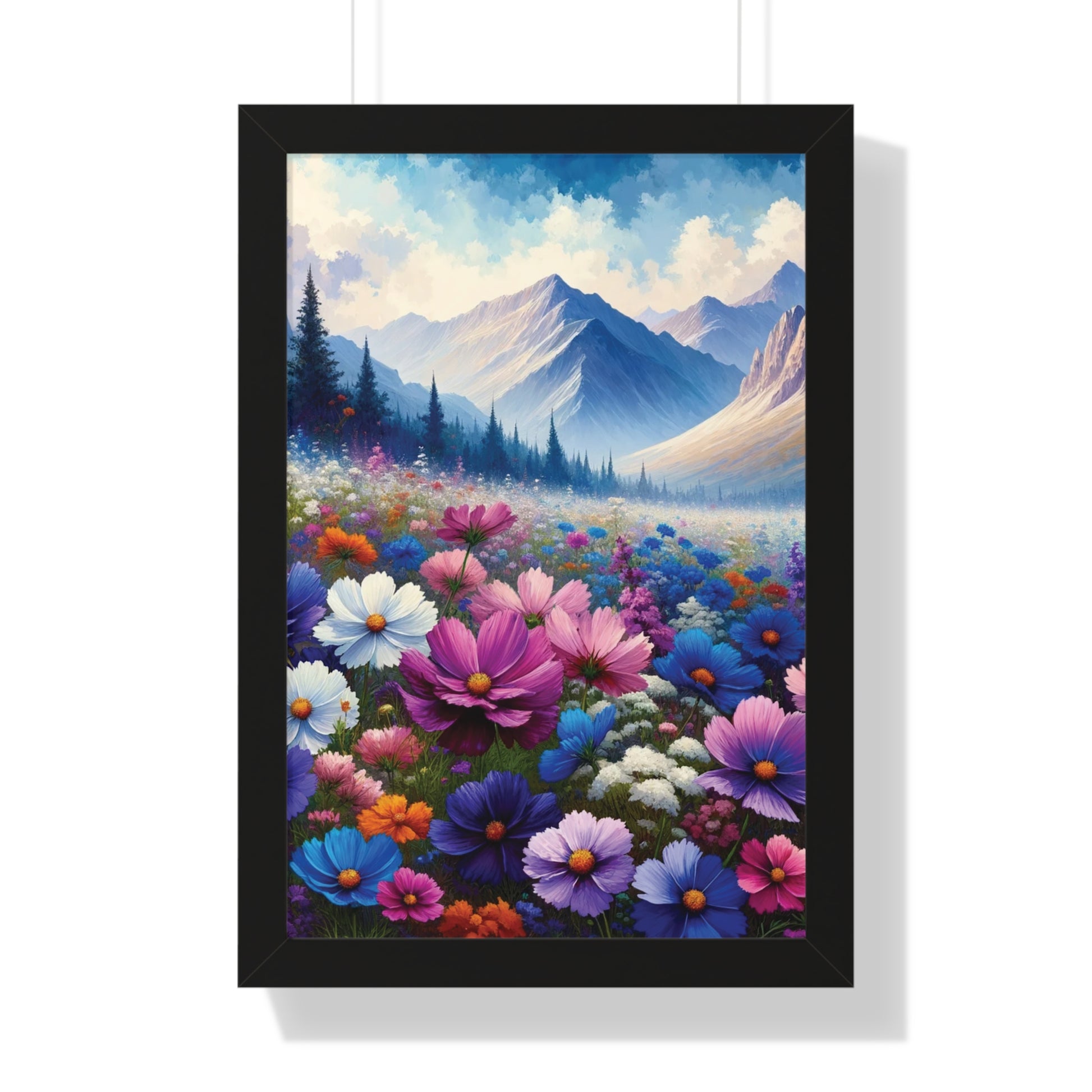 Wall Art Beautiful Wildflowers and Mountains Wildflower Art Watercolor Floral Framed Canvas Print Wall Art  Classic Encased in Black, White, or Walnut Frames with Durable Acrylic Protection Ready to Hang  Timelessly Crafted..