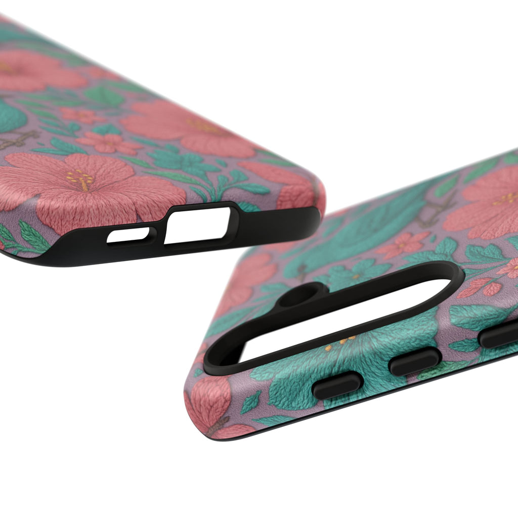 Turquoise, Pink and Lavender 3D Embroidery Illusion Phone Case Tropical Flowers, Birds & Butterflies Cover with Bold, Realistic Floral Texture iPhone, Samsung