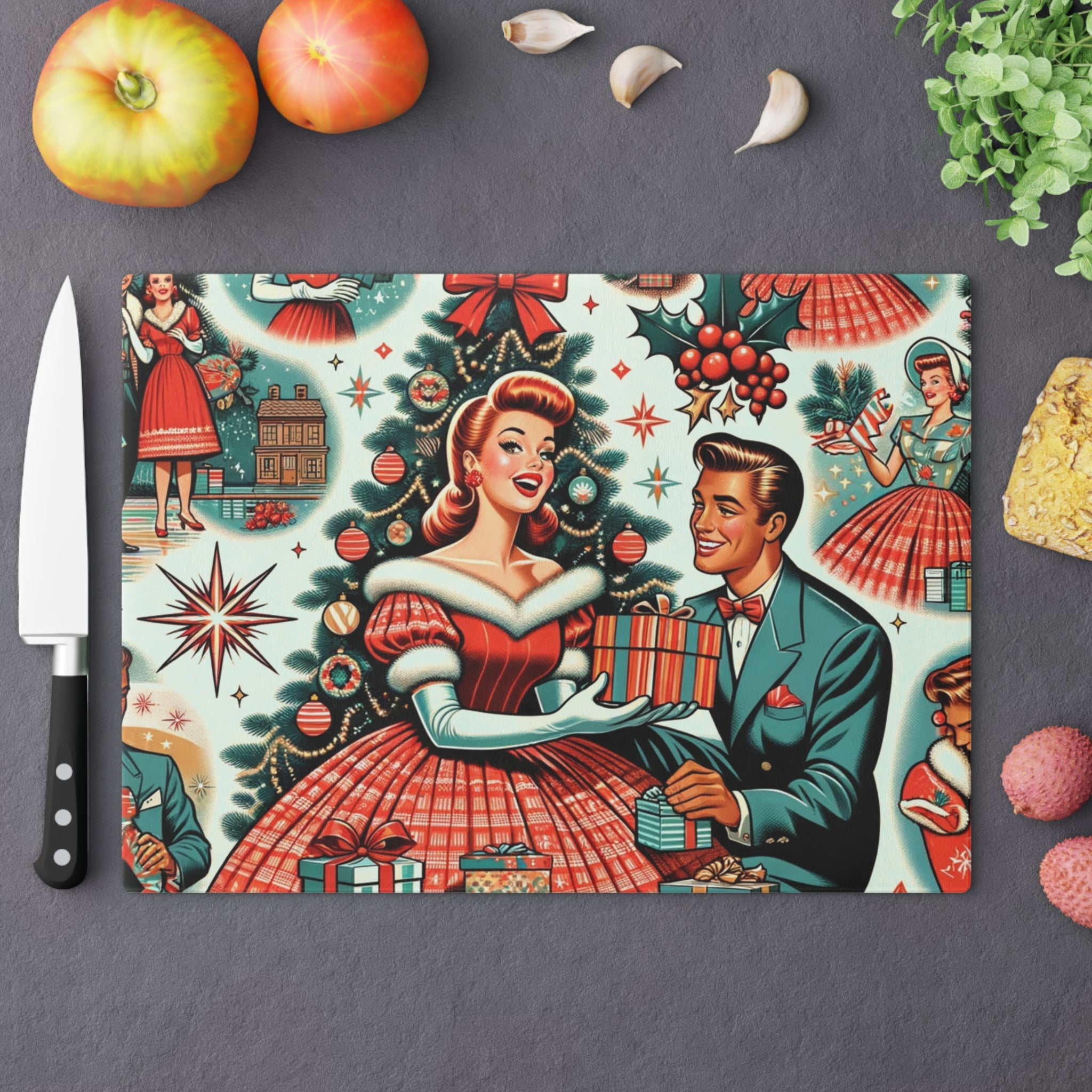 Vintage Charm Glass Cutting Board Retro 50s Starburst Kitsch Art Design Tempered Glass Cutting Board Durable Kitchen Decor with Elegant Design, Housewarming, New House Gift - MRSBYVALLE