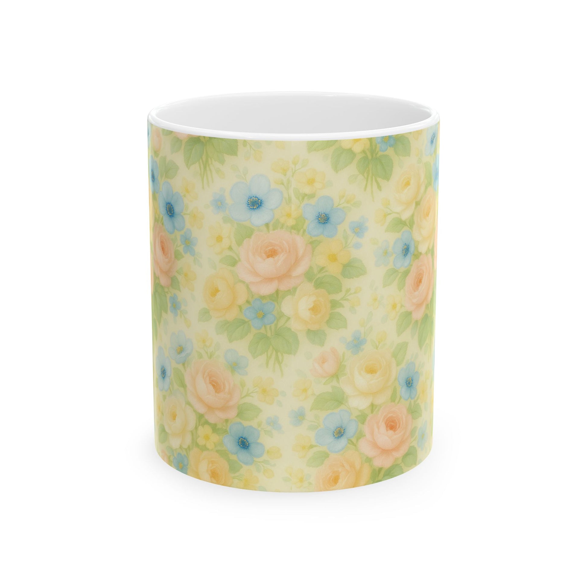 Vintage Pastel Yellow Floral Coffee Mug – 11 & 15oz Ceramic Mug, Romantic Gift for Her, Cottagecore Aesthetic, Cozy Hot Chocolate or Tea Mug for Home Decor