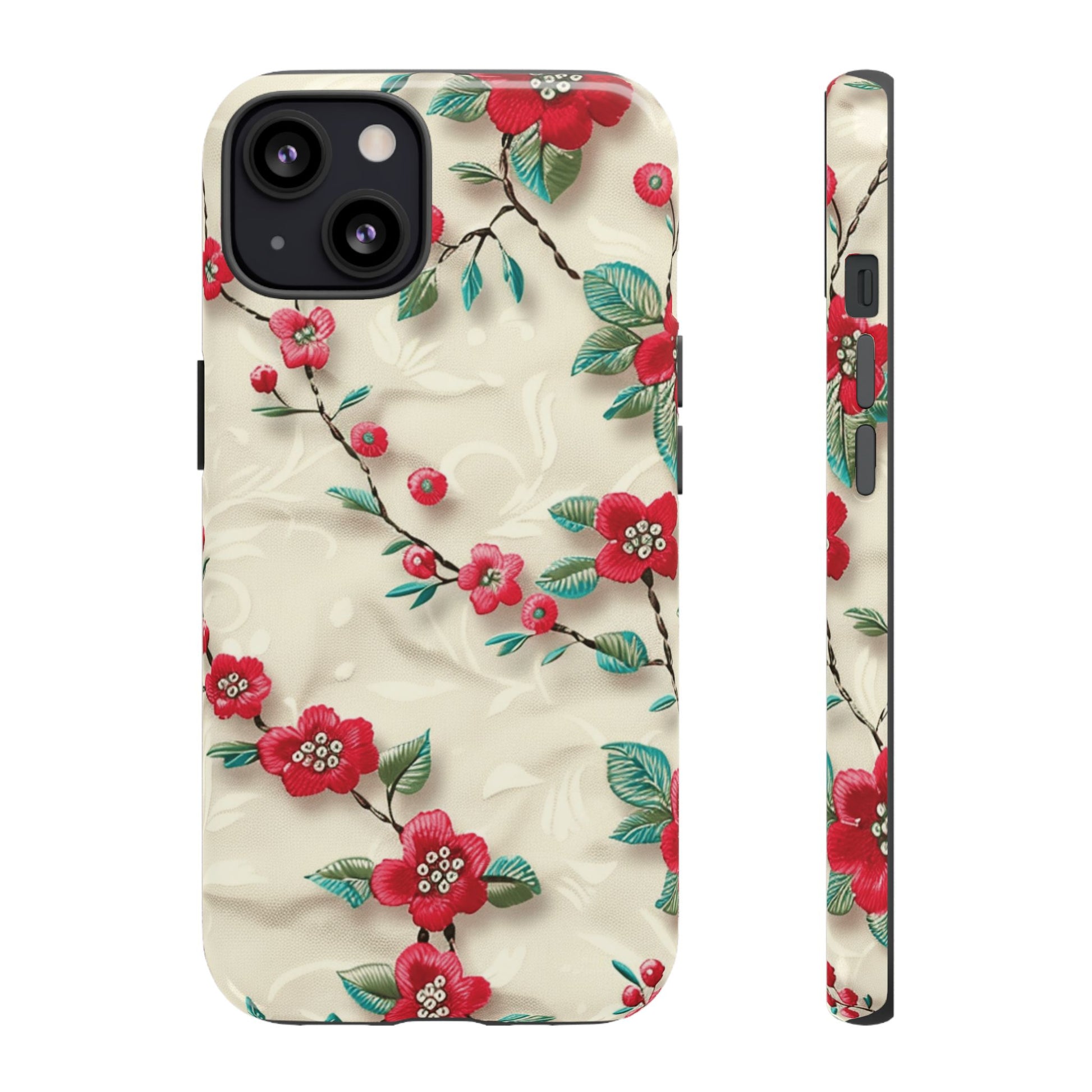 3D Embroidery Illusion Red Flowers Phone Case for iPhone, Samsung Pixel Artistic Floral Protection 15 14 13 12, 21 23 Gift for Her Perfect for Floral Lover