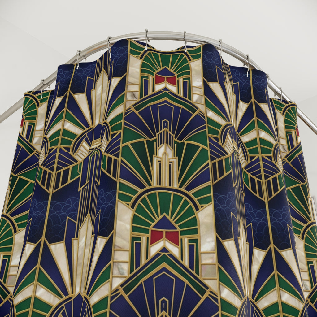 Imperial Art Deco Gold & Navy Shower Curtain — Geometric Luxury Bathroom Decor