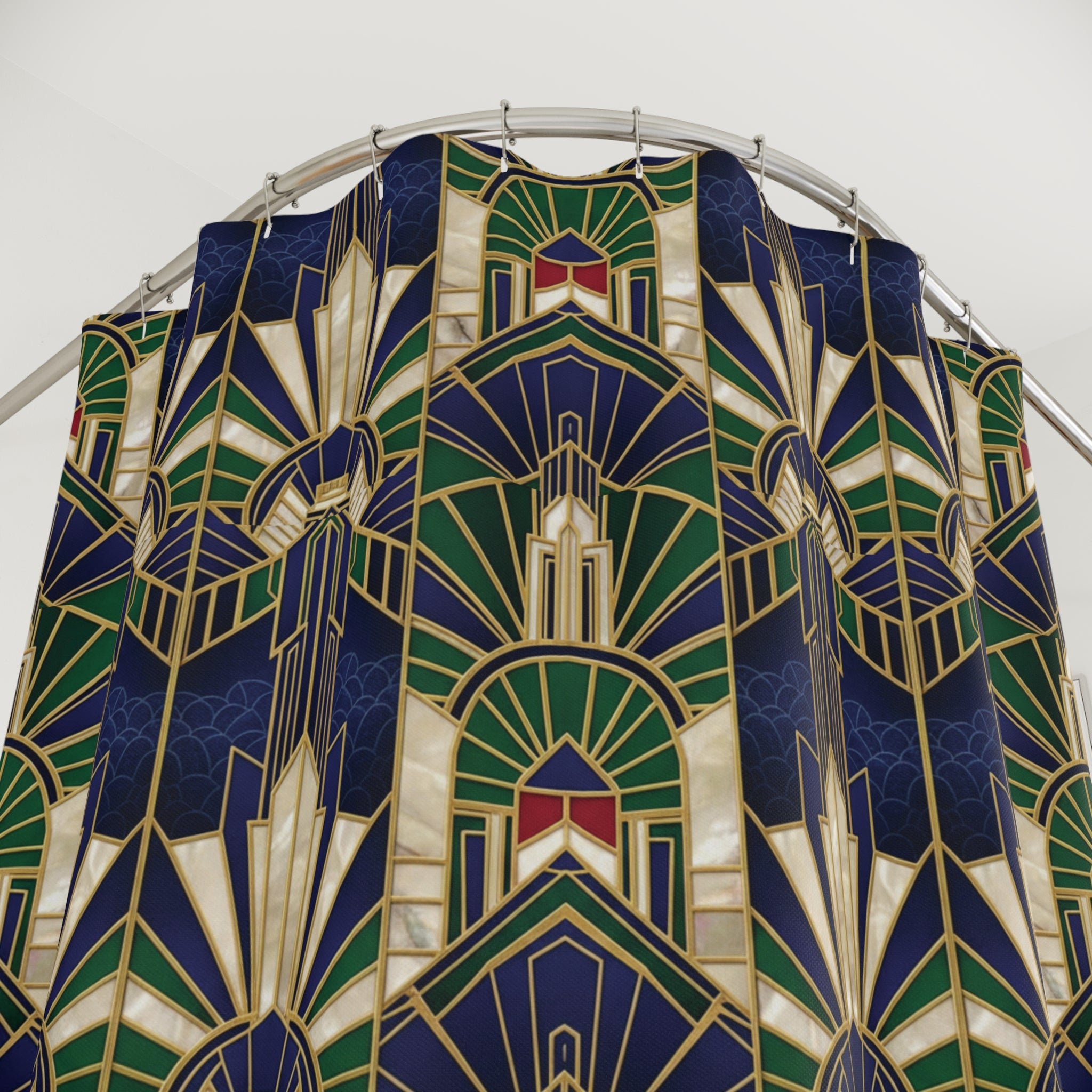 Imperial Art Deco Gold & Navy Shower Curtain — Geometric Luxury Bathroom Decor