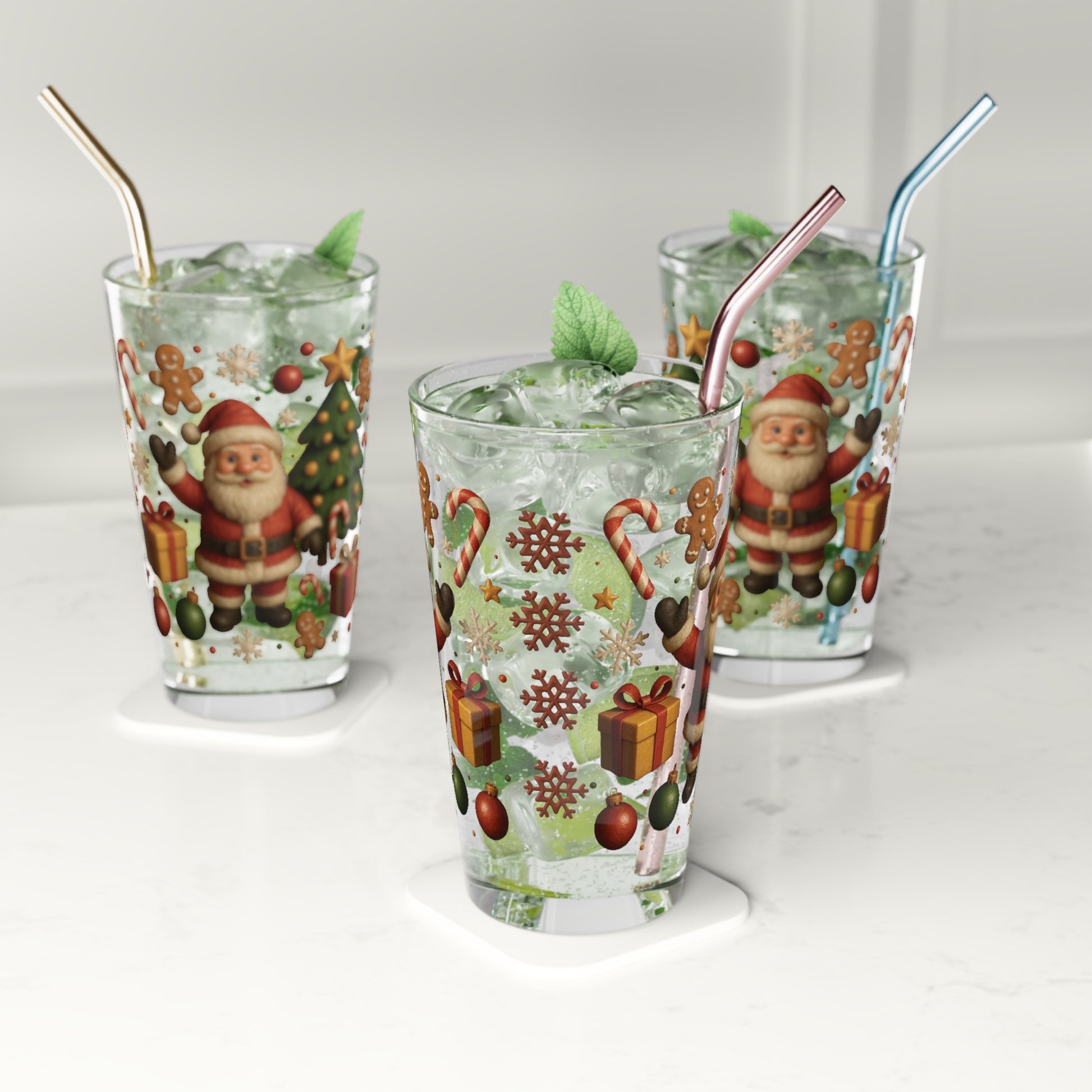 Santa & Christmas Tree Pint Glass  16oz Holiday Drinkware with Gifts, Candy Canes, Gingerbread, Ornaments – Perfect for Cocoa or Mocktails