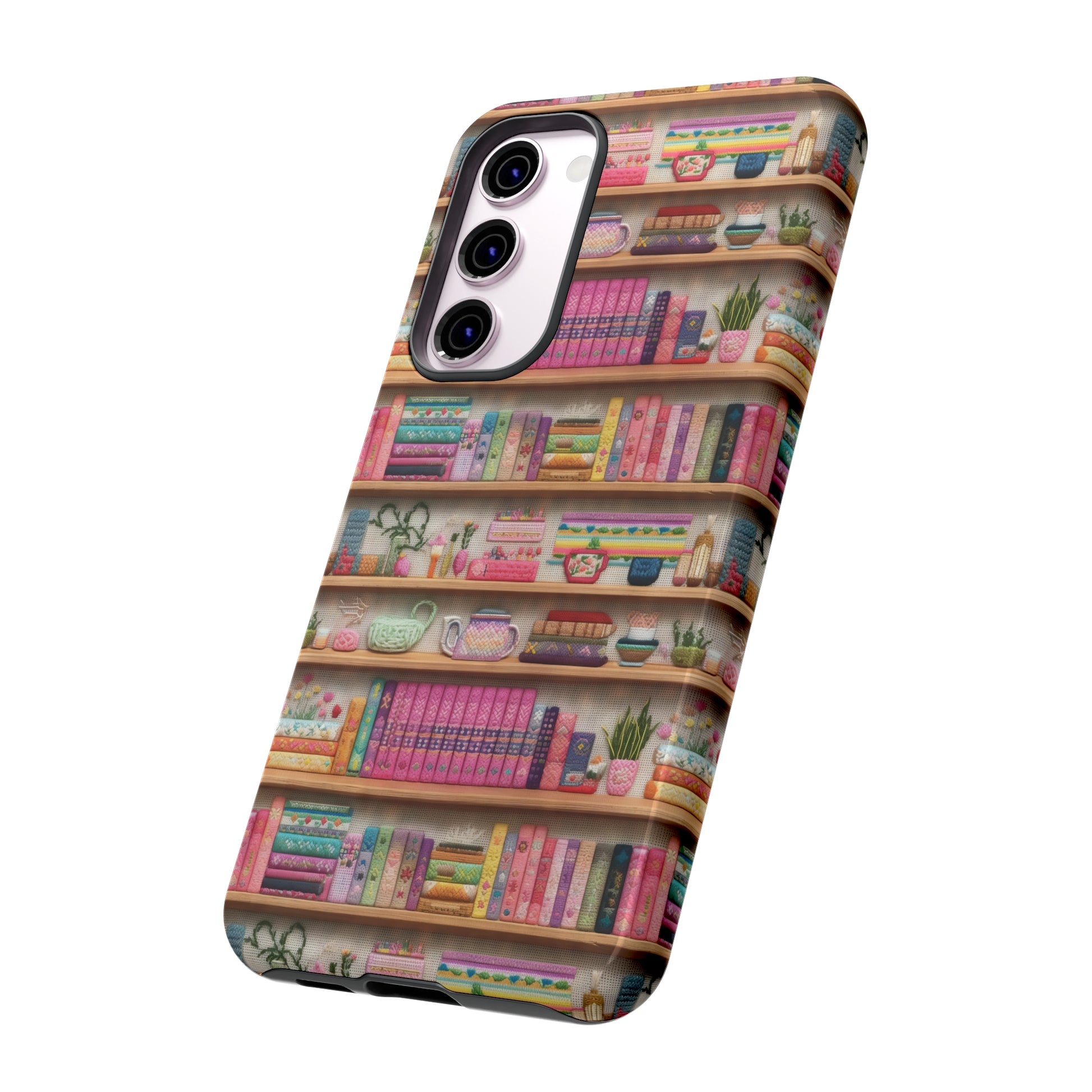 Phone Case 3D Illusion Books & Shelf Embroidery Design with Vibrant Colors Gift for Her Phone 15, Samsung iPhone Samsung Gift for Her Case iPhone 15, Samsung iPhone Samsung Accessory Gift for Her.