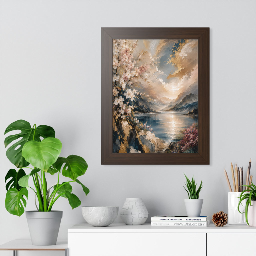 Sunlit Mountain Lake framed vertical poster | floral shoreline landscape
