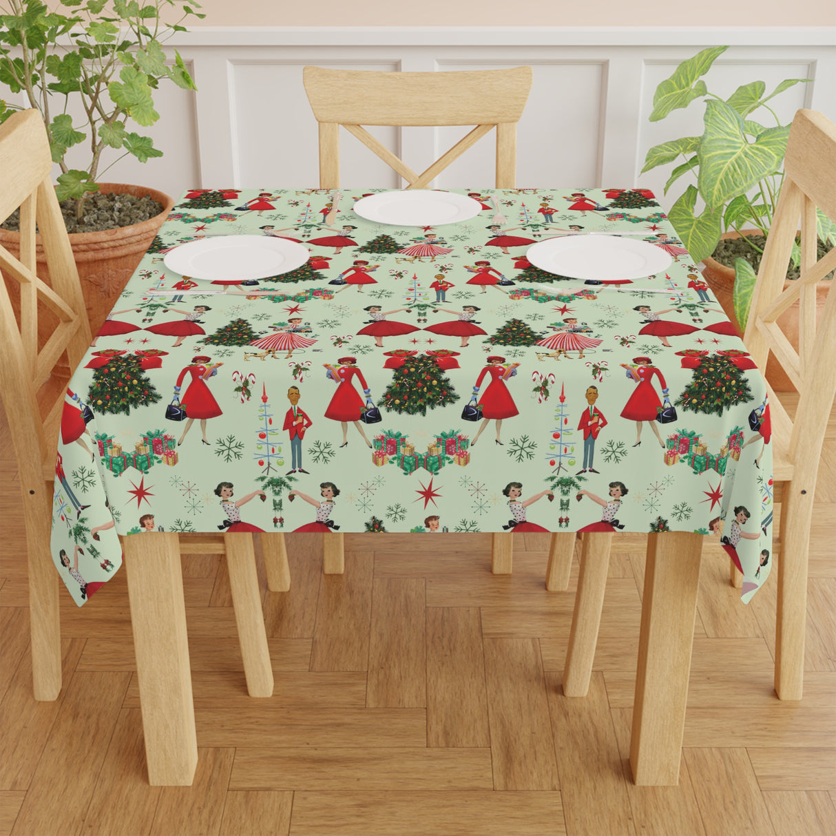 1950s Vintage Tablecloth Retro Christmas Design | One Size (55.1"x55.1") | 100% Polyester | Soft & Lightweight | Unique Holiday Table Deco Perfect Gift for Housewarming, Parties,  all Events and Occasions - MRSBYVALLE