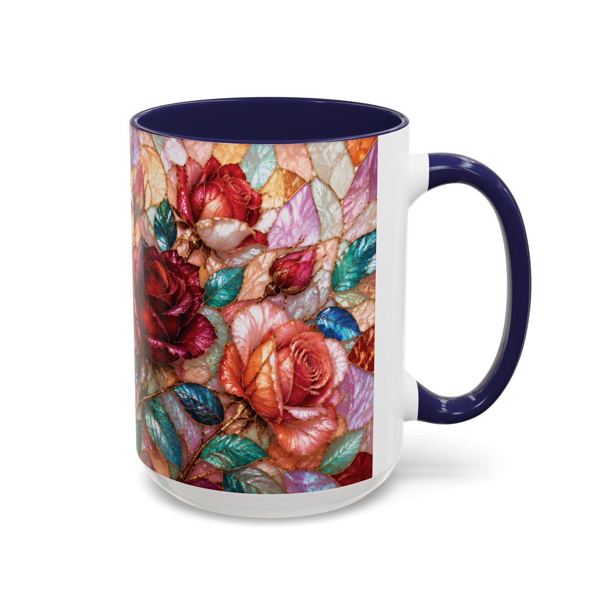 Floral Stained-Glass Accent Coffee Mug Colorful Rose Pattern (11/15 oz) Gift for Her