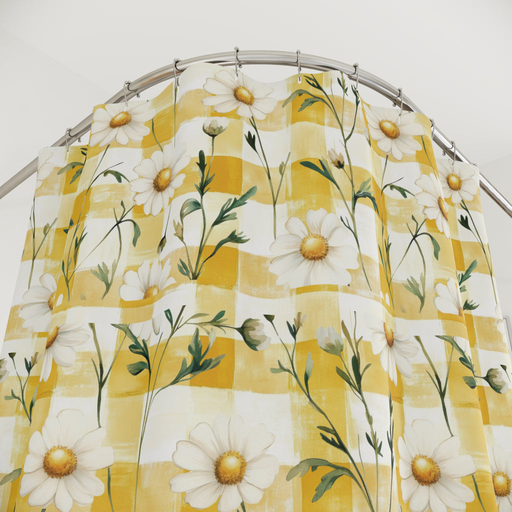 Yellow Daisy Checker Shower Curtain — Retro Floral Bath Decor