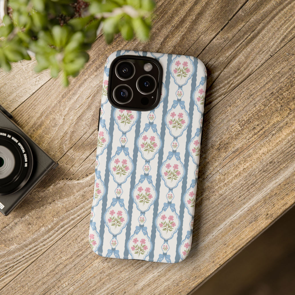 Coque de téléphone Vintage Nœud Bleu et Rose — Motif floral romantique « Tough Cases »