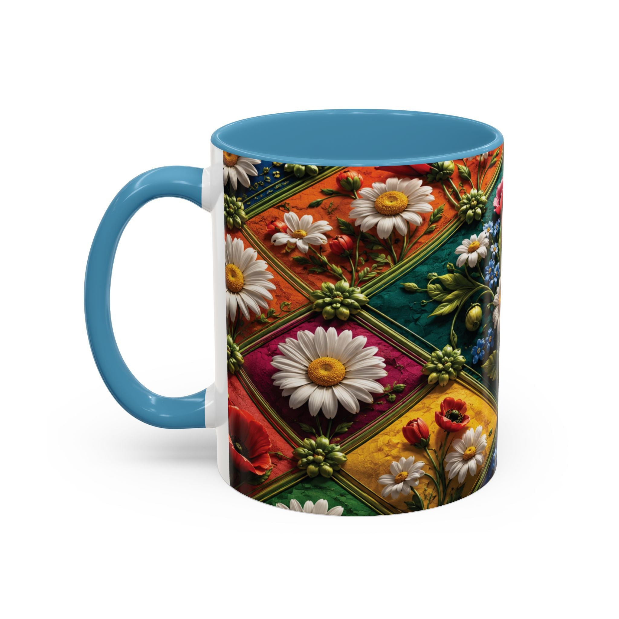 Floral Patchwork Accent Coffee Mug — Colorful Poppies & Daisies (11/15oz) 3D Illusion