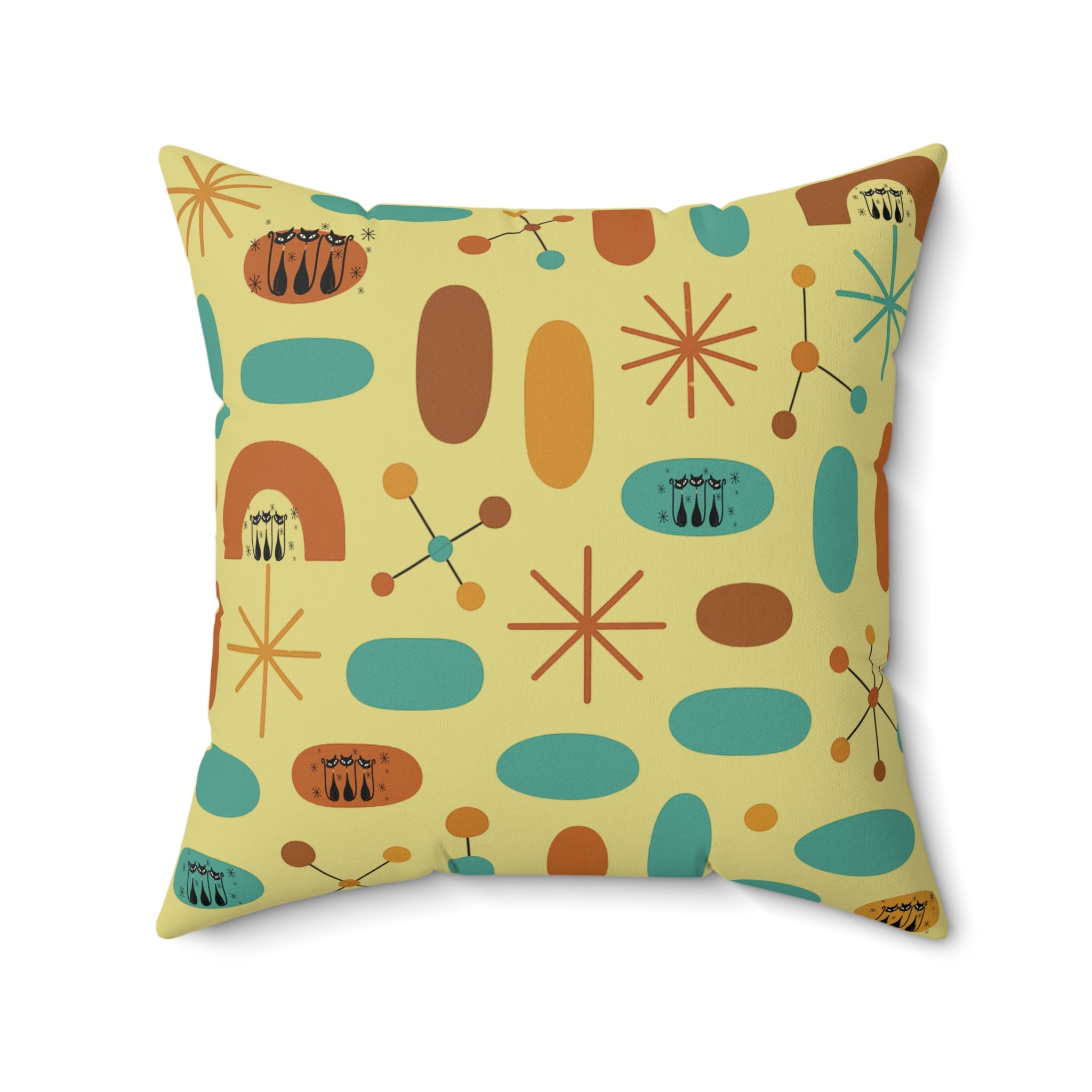 Atomic Cat Throw Pillow, Mid Century Modern Yellow Cushion, Retro Kitty Accent Pillow, Pastel Coquette Bow, Vintage Home Decor, Reading Nook