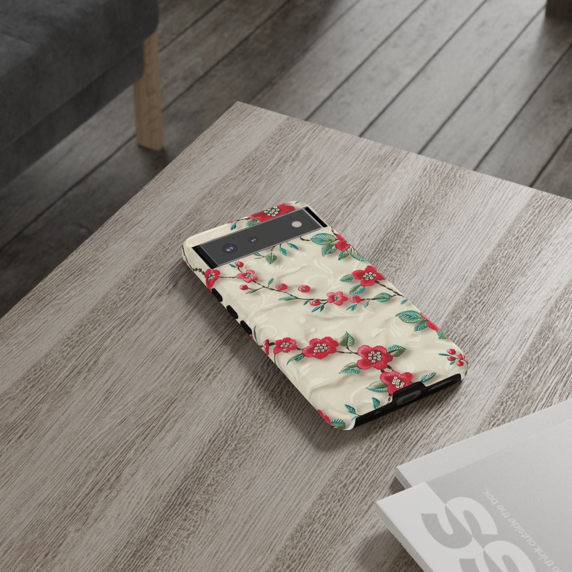 3D Embroidery Illusion Red Flowers Phone Case for iPhone, Samsung Pixel Artistic Floral Protection 15 14 13 12, 21 23 Gift for Her Perfect for Floral Lover