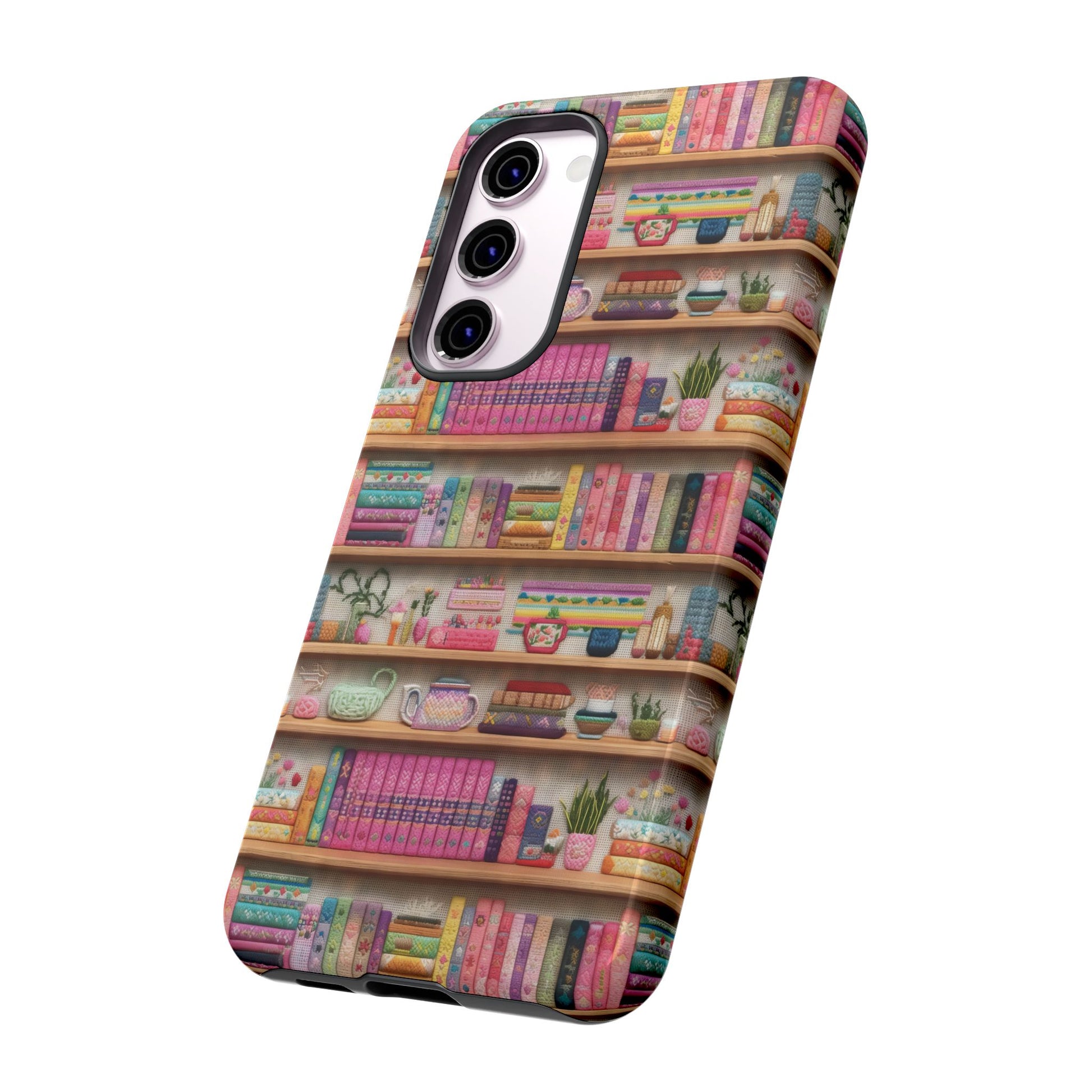 Whimsical 3D Embroidery Illusion Books on Pastel Shelves Phone Case for iPhone, Samsung & Pixel: Unique Accessory for Literary Enthusiasts Gift for Her Perfect for Floral Lover