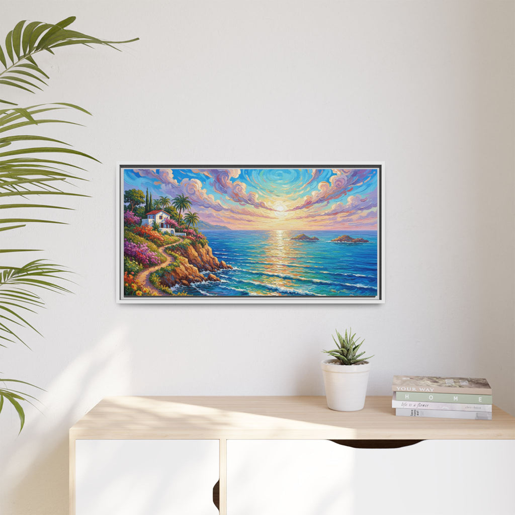 Toile imprimée florale océanique | Décoration murale colorée et lumineuse de paysage marin, œuvre d'art de bureau encadrée et mate