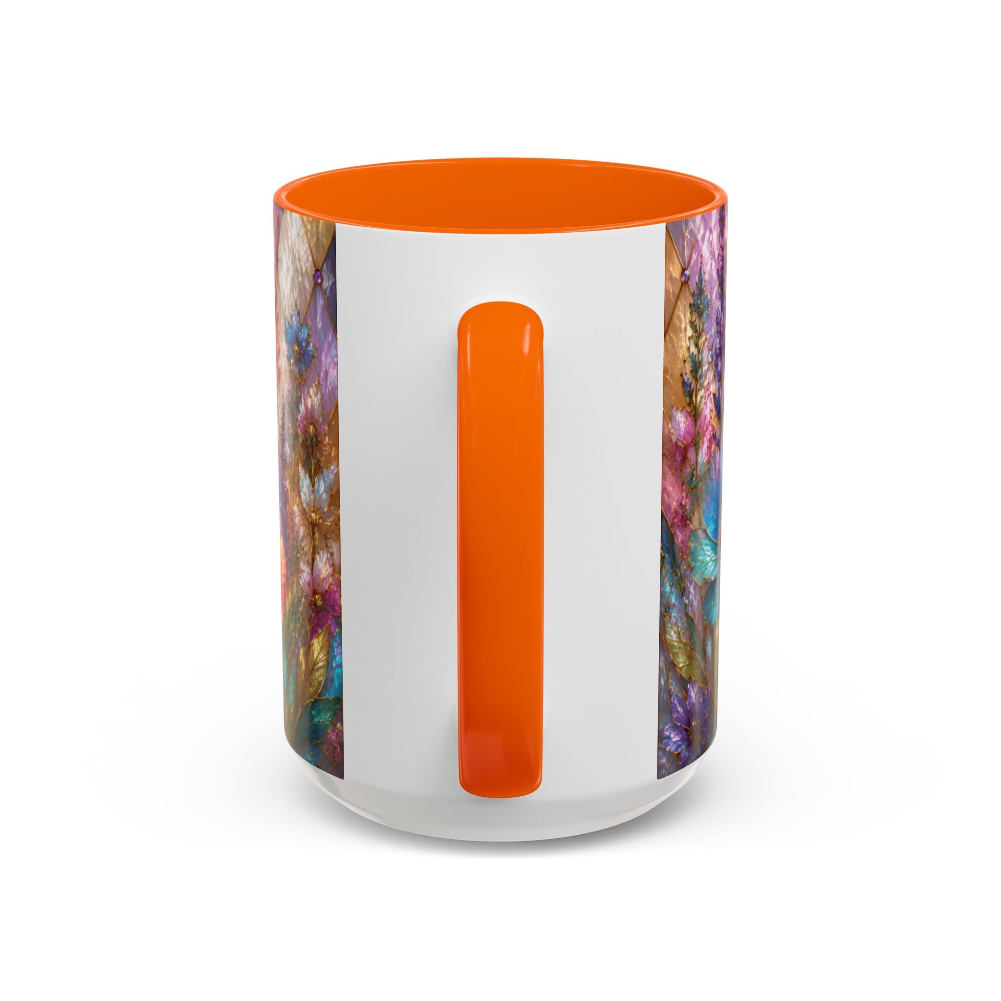 Floral Mosaic Accent Coffee Mug — Colorful Garden Flowers 11/15oz Stain Glass Illusion