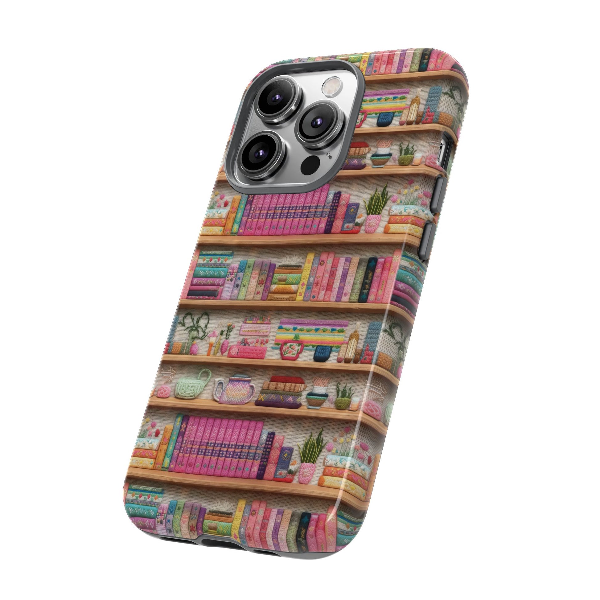 Whimsical 3D Embroidery Illusion Books on Pastel Shelves Phone Case for iPhone, Samsung & Pixel: Unique Accessory for Literary Enthusiasts Gift for Her Perfect for Floral Lover