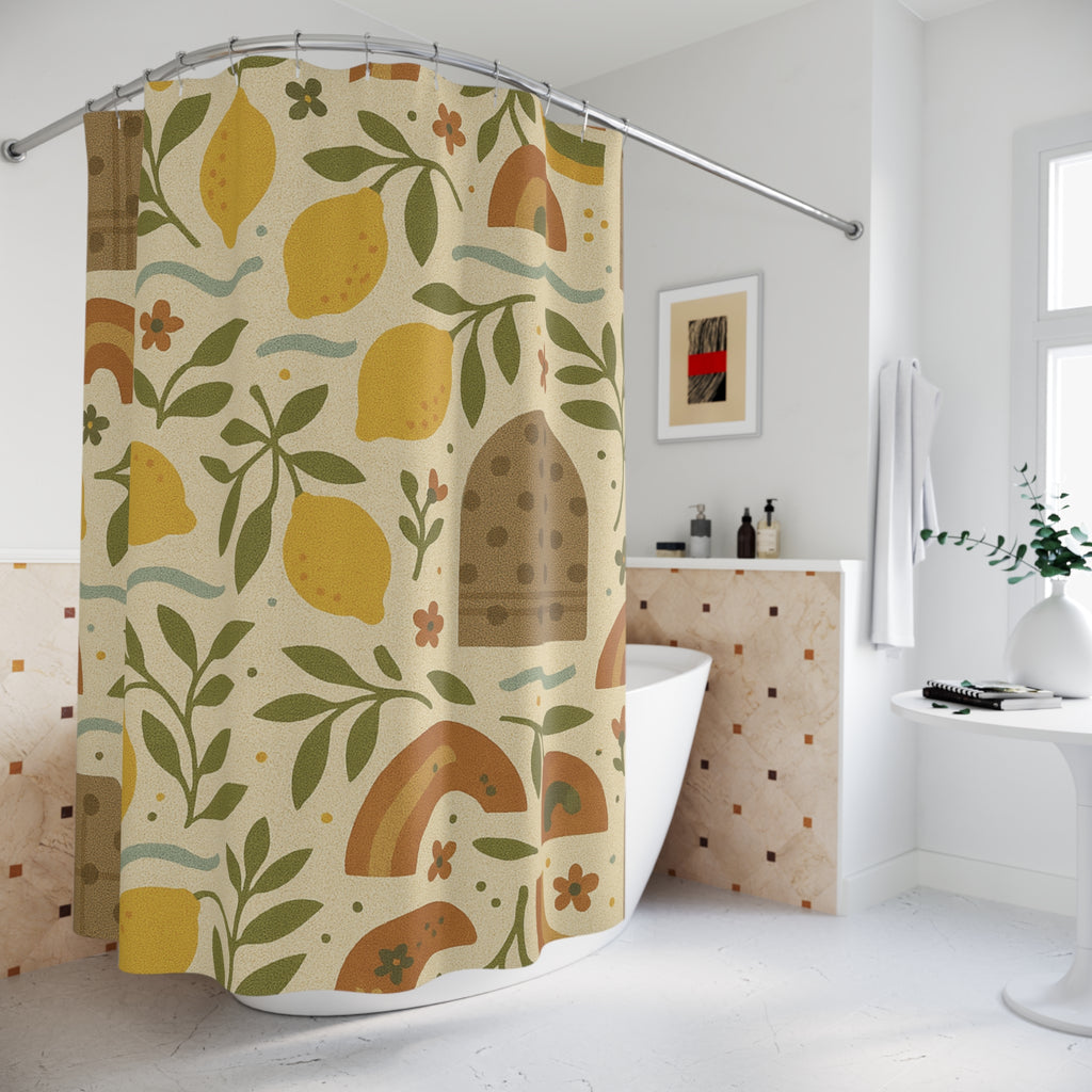 Boho Lemon Shower Curtain Yellow Lemons & Lavender Floral Print, 71x74 Inches, Modern Boho Bathroom Decor, Waterproof Fabric, Hooks Not Included
