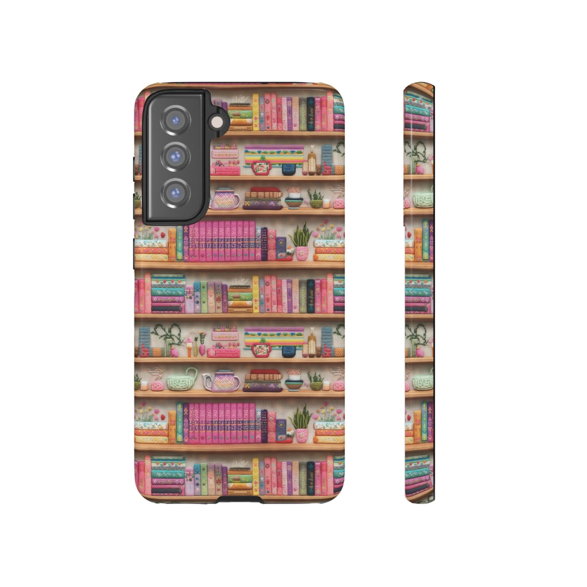 Whimsical 3D Embroidery Illusion Books on Pastel Shelves Phone Case for iPhone, Samsung & Pixel: Unique Accessory for Literary Enthusiasts Gift for Her Perfect for Floral Lover