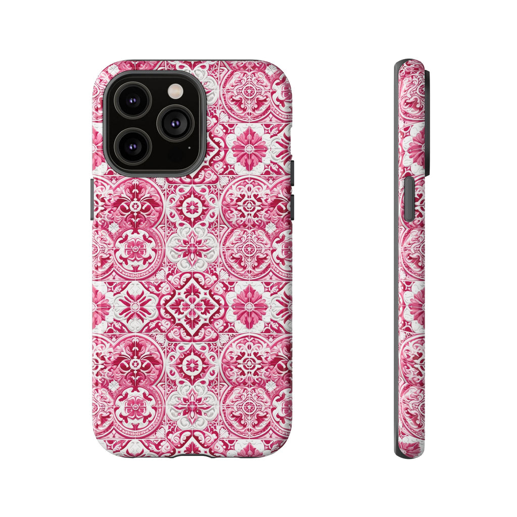 Pink and White Mediterranean Tile Design Phone Case - Stylish, Protective Cover for All Models Gift for Mom Accessory Gift for Her