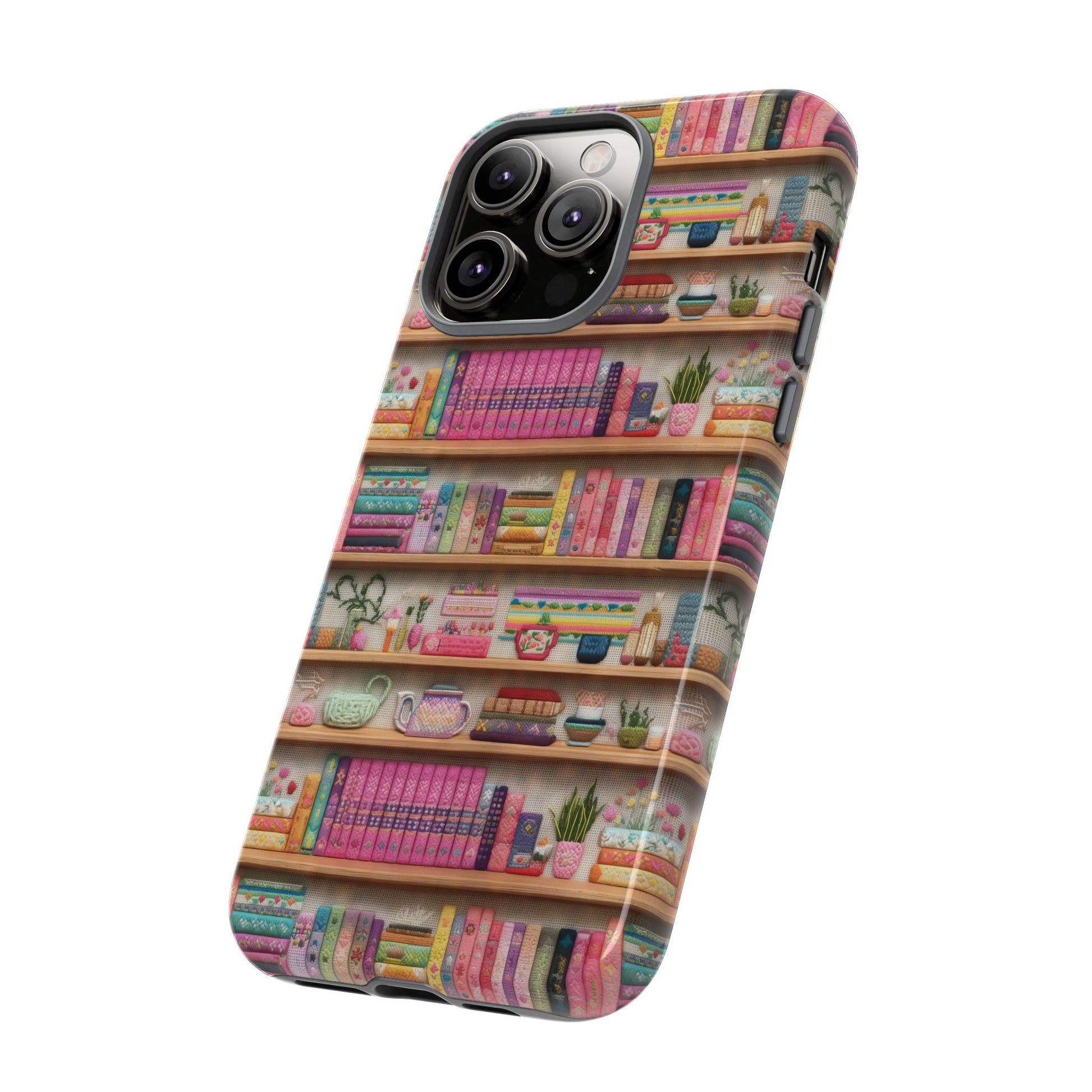 Whimsical 3D Embroidery Illusion Books on Pastel Shelves Phone Case for iPhone, Samsung & Pixel: Unique Accessory for Literary Enthusiasts Gift for Her Perfect for Floral Lover