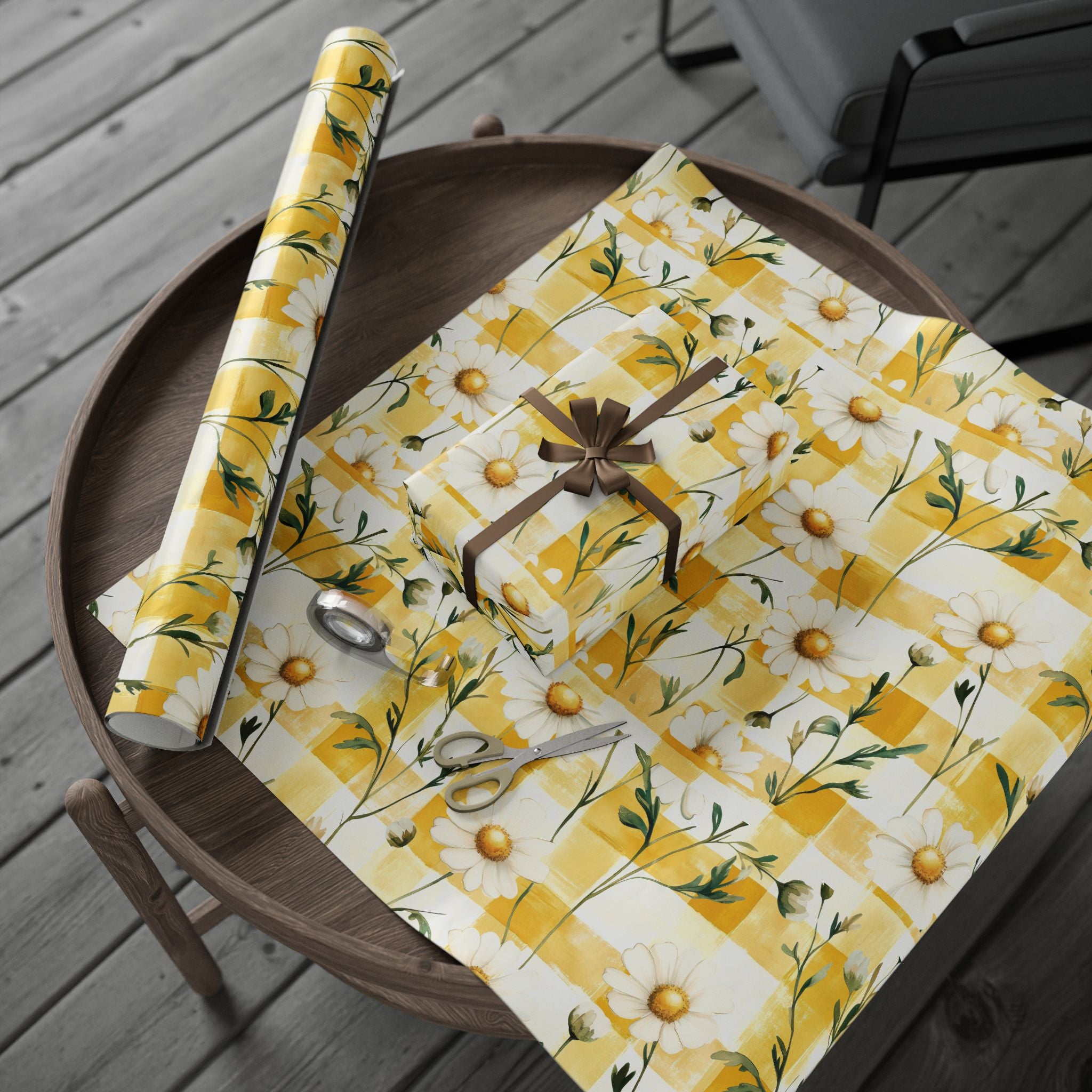 Papier Cadeau Jaune Pastel à Carreaux Marguerite — Papier Cadeau Floral Printanier