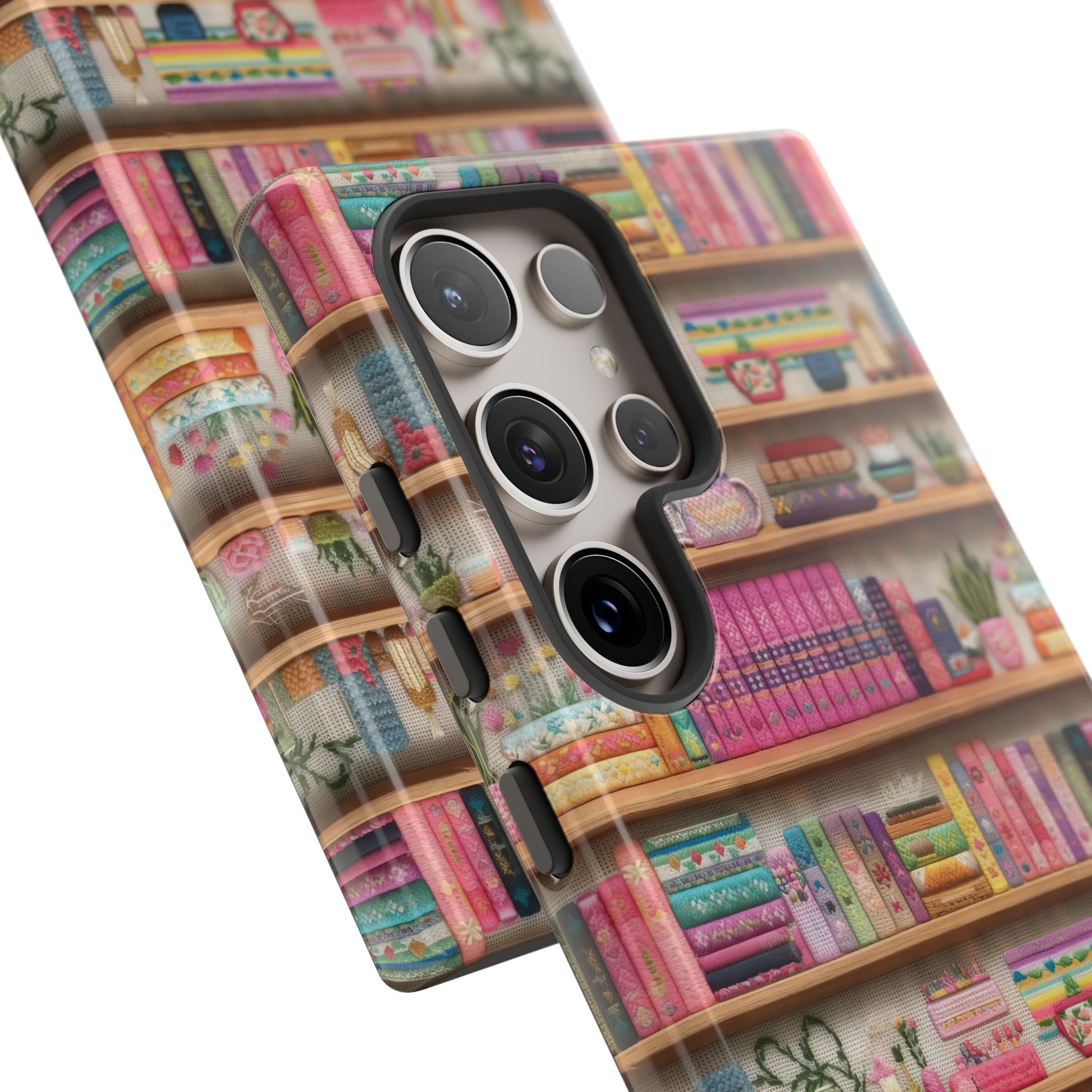 Whimsical 3D Embroidery Illusion Books on Pastel Shelves Phone Case for iPhone, Samsung & Pixel: Unique Accessory for Literary Enthusiasts Gift for Her Perfect for Floral Lover