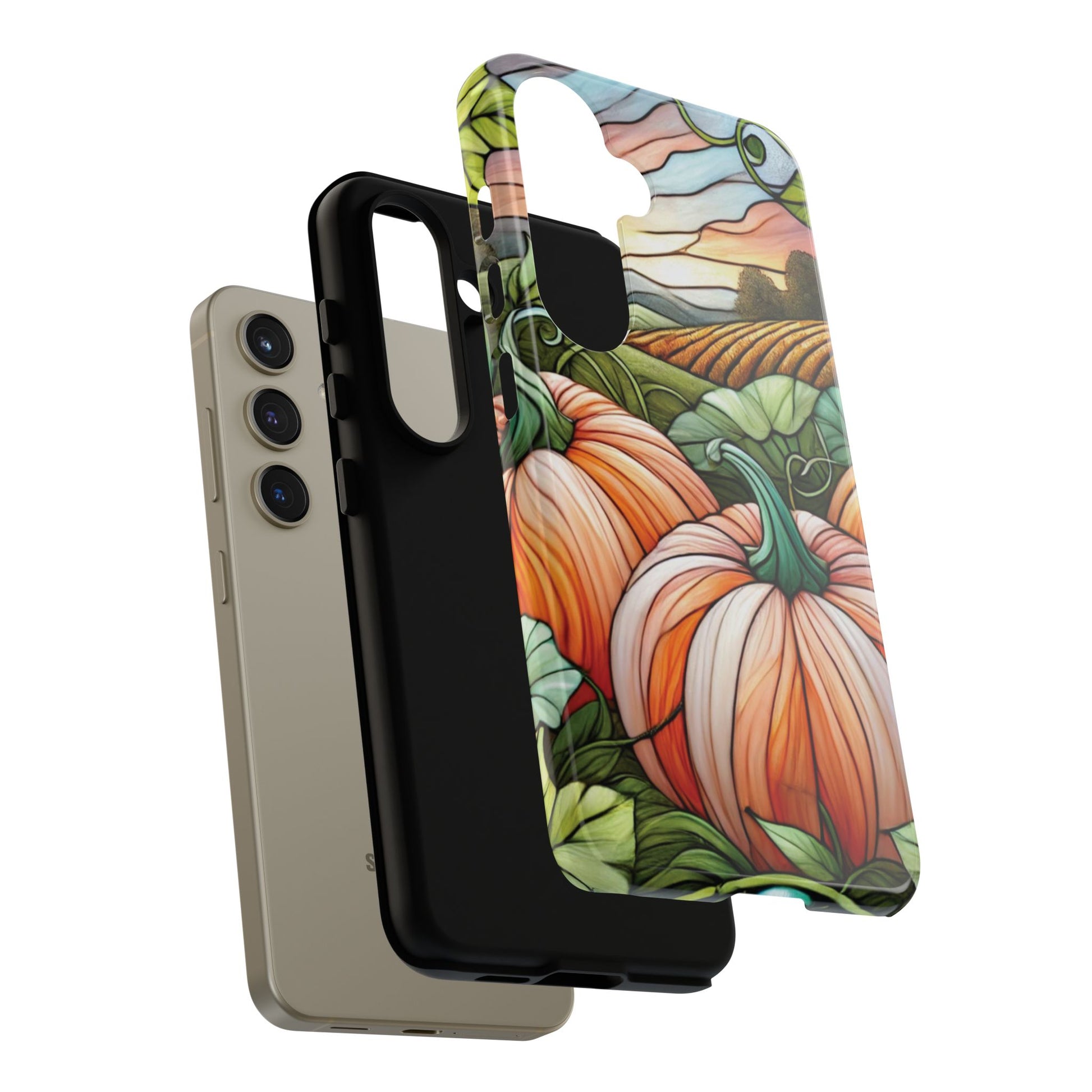 Pumpkins Phone Case Fall Faux Stained-Glass Thanksgiving Cover Pumpkin Lovers Gift for Galaxy S 24 23 22 21 Pixel 5 6 7 8 iPhone 17 , 16 15 14 13 12 Samsung iPhone Samsung Gift for Her