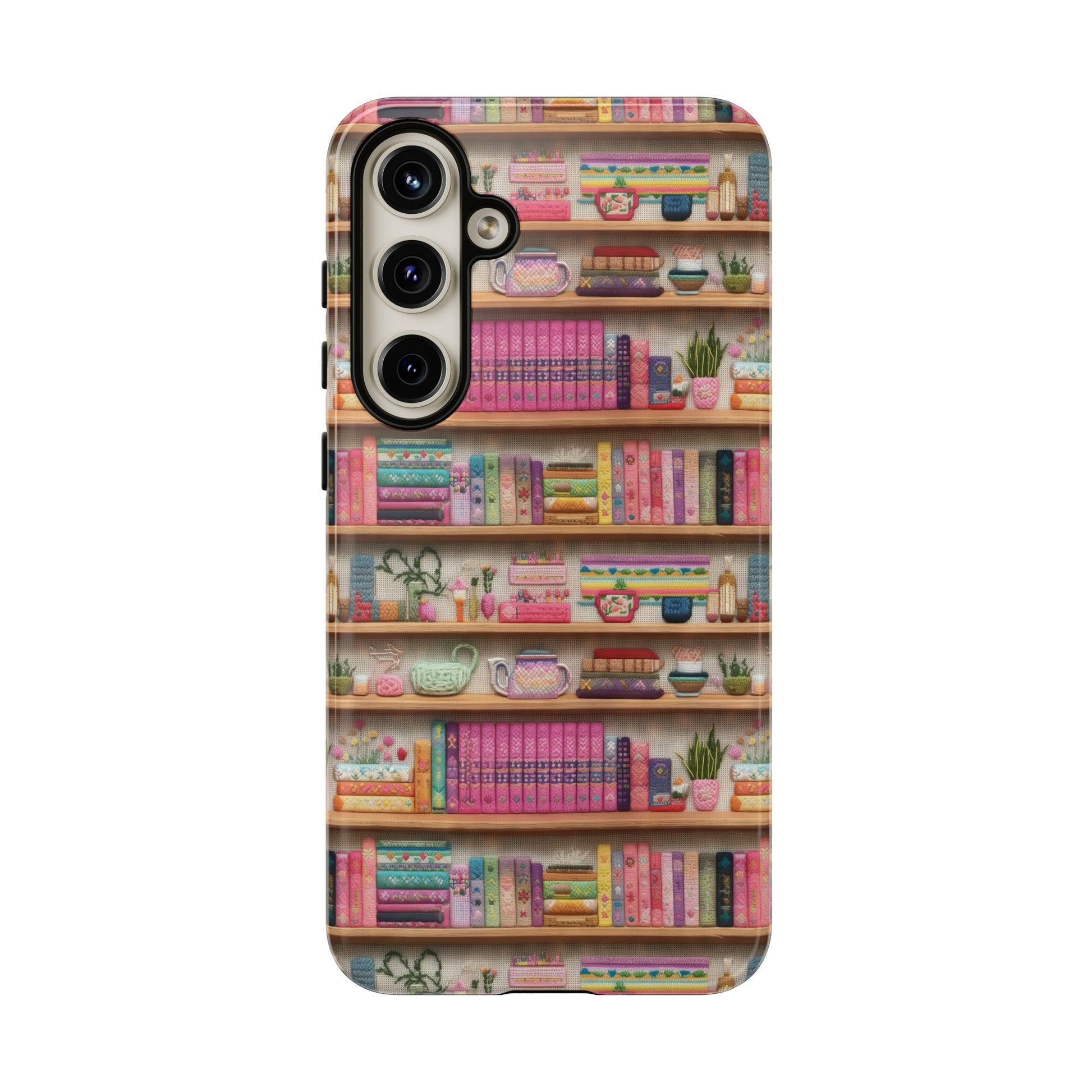 Phone Case 3D Illusion Books & Shelf Embroidery Design with Vibrant Colors Gift for Her Phone 15, Samsung iPhone Samsung Gift for Her Case iPhone 15, Samsung iPhone Samsung Accessory Gift for Her.