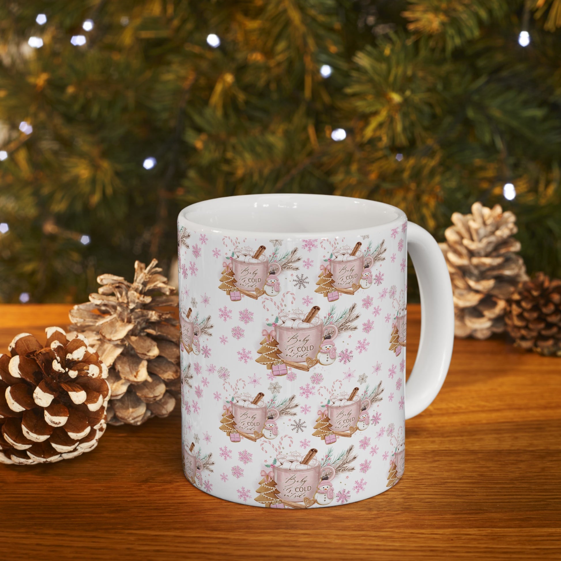 Pink Baby it's Cold Outside Coffee Ceramic Mugs Perfect for Your Morning Brew | 11 oz & 15 oz Sizes Floral Mug for Tea, Cocoa, and More Unique Bohemian Design Gift for Nature Lovers - MRSBYVALLE
