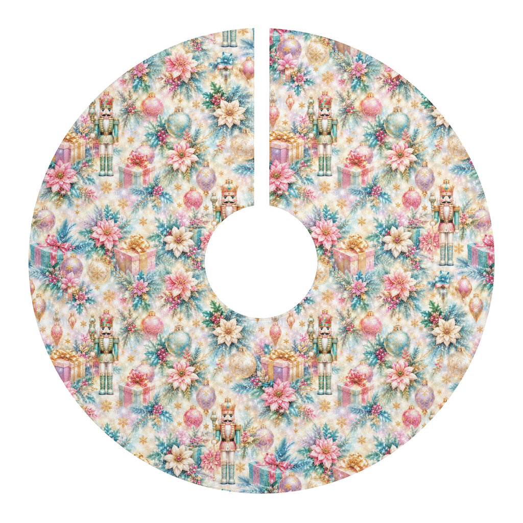 Nutcracker Poinsettia Christmas Tree Skirt — Vintage Pastel Holiday Tree Skirt