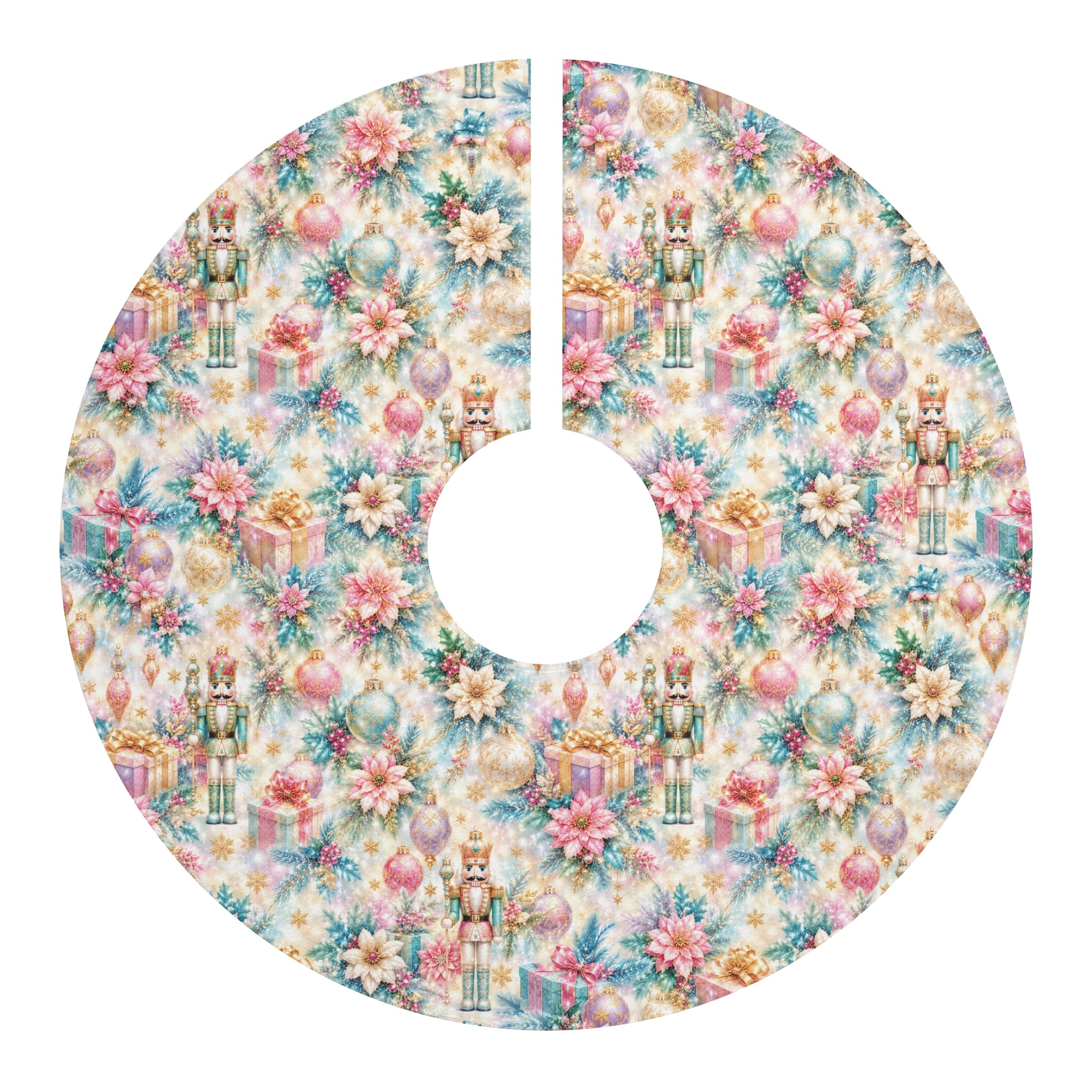 Nutcracker Poinsettia Christmas Tree Skirt — Vintage Pastel Holiday Tree Skirt