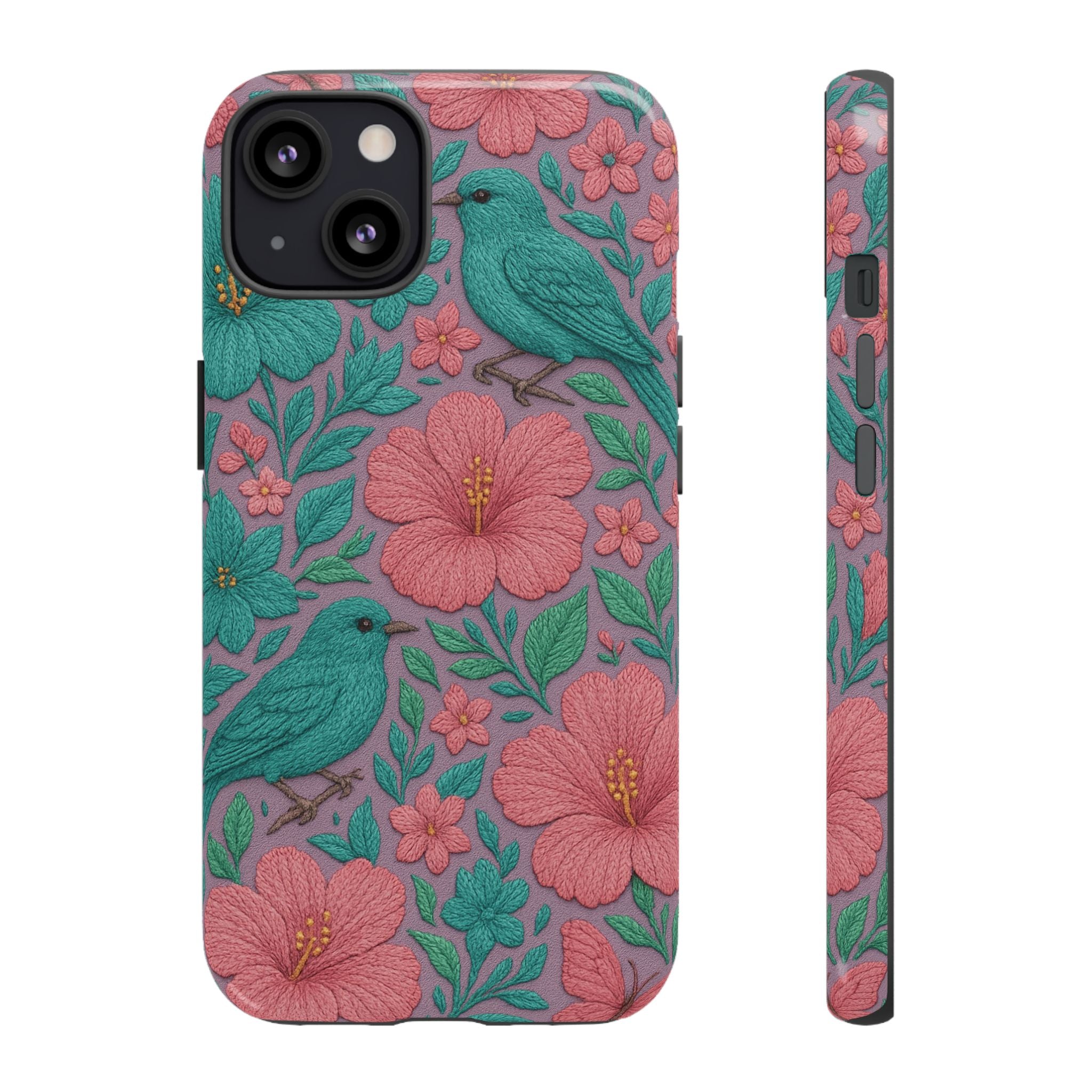 Turquoise, Pink and Lavender 3D Embroidery Illusion Phone Case Tropical Flowers, Birds & Butterflies Cover with Bold, Realistic Floral Texture iPhone, Samsung