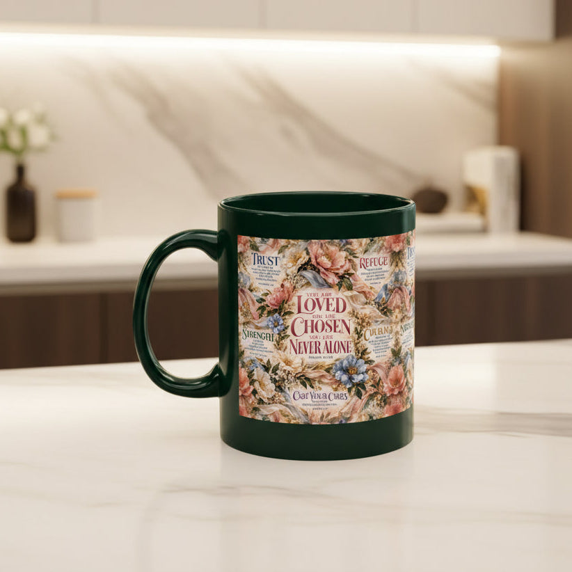 A dark green ceramic mug featuring a vintage-style floral and typographic print on the front with the text 'LOVED YOU AND CHOSEN TO NEVER ALONE' and words like trust, strength, and courage.