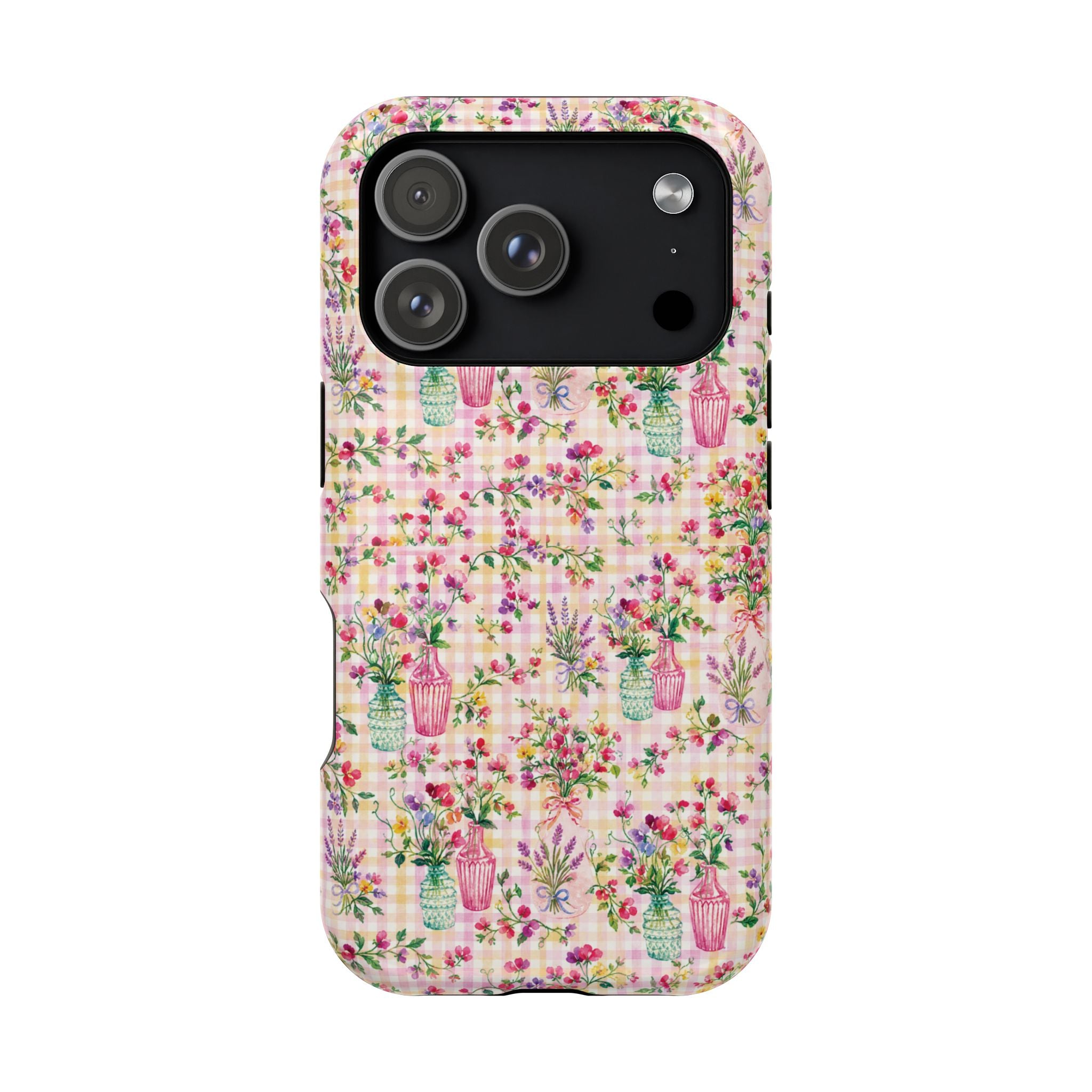 Turquoise & Pink Floral Checker Phone Case — Magnetic Impact-Resistant