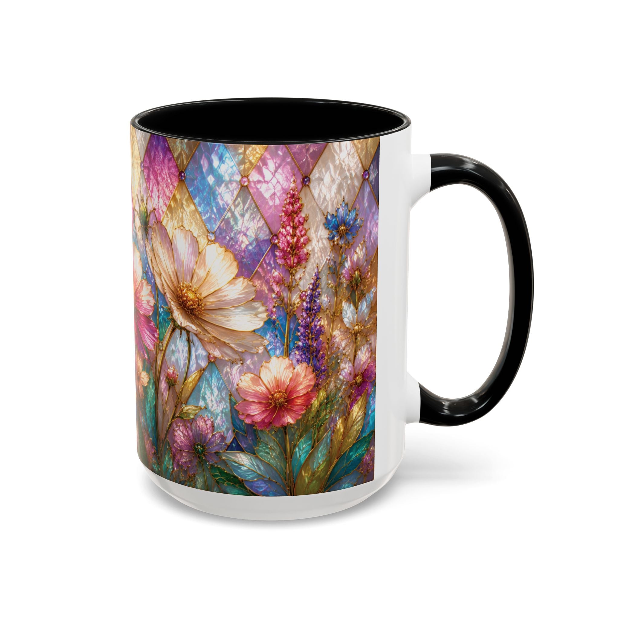 Floral Mosaic Accent Coffee Mug — Colorful Garden Flowers 11/15oz Stain Glass Illusion