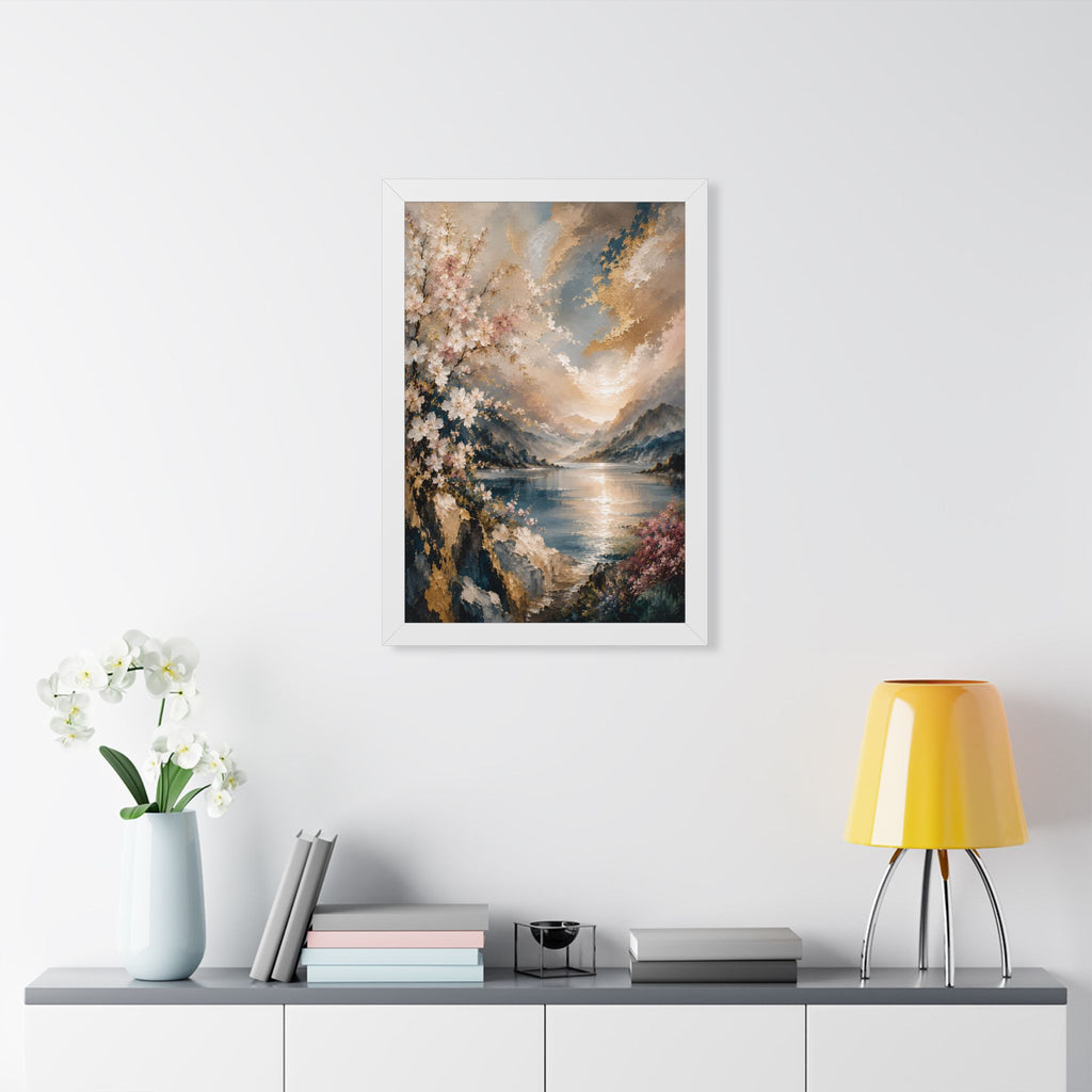 Sunlit Mountain Lake framed vertical poster | floral shoreline landscape