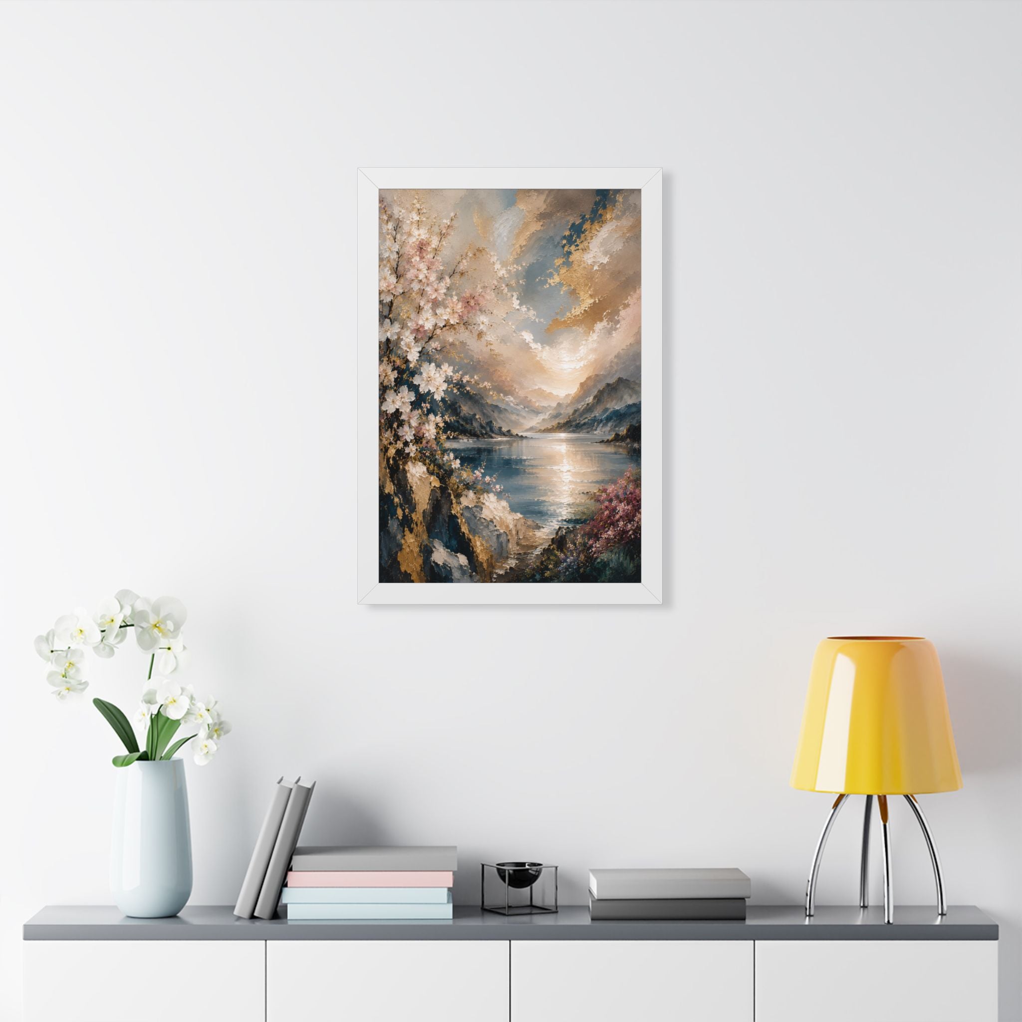 Sunlit Mountain Lake framed vertical poster | floral shoreline landscape