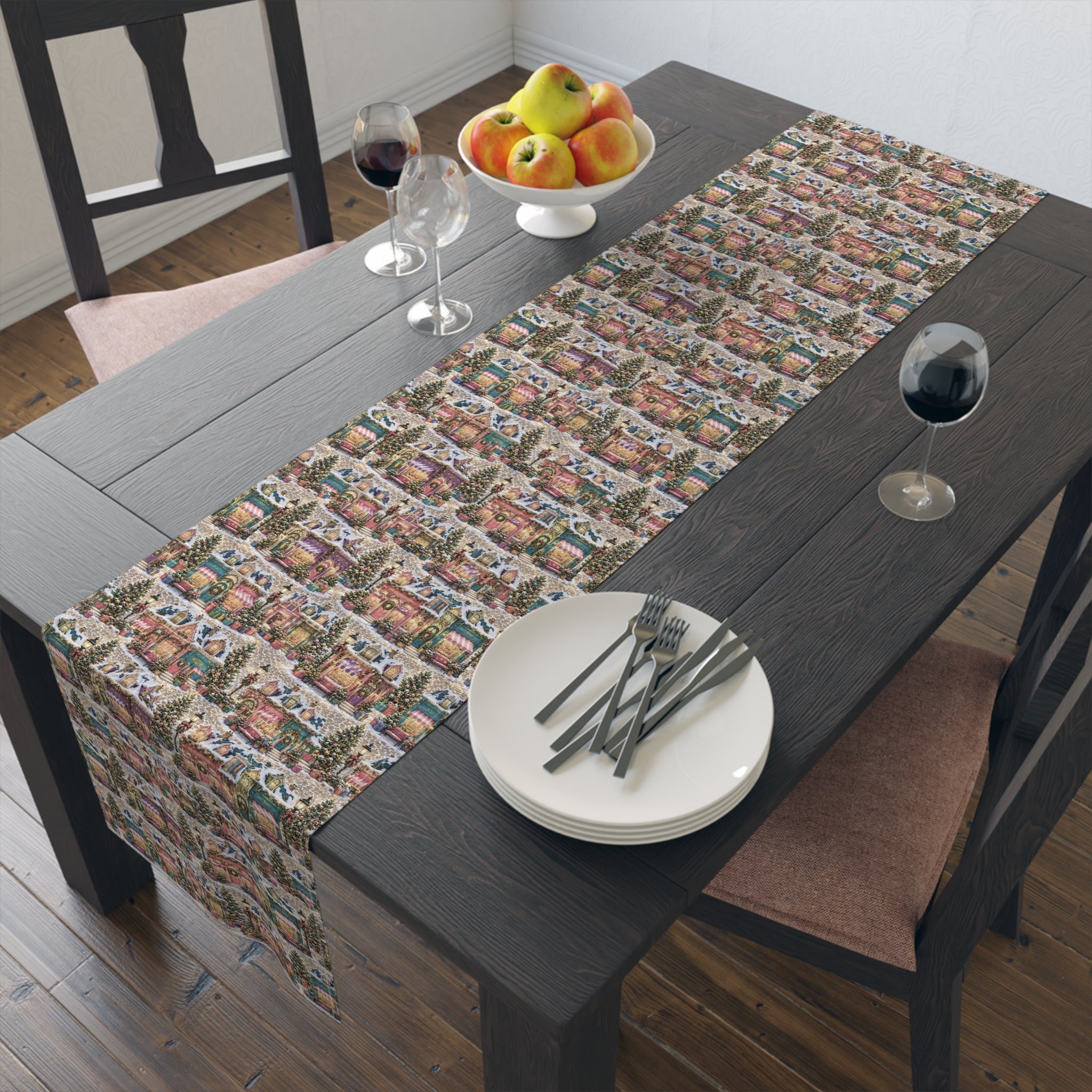 Vintage Christmas Village Table Runner Holiday Perfect Runner Village Scene Cottage