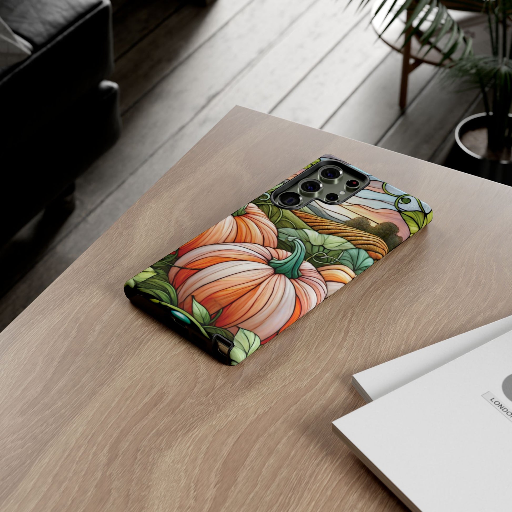Pumpkins Phone Case Fall Faux Stained-Glass Thanksgiving Cover Pumpkin Lovers Gift for Galaxy S 24 23 22 21 Pixel 5 6 7 8 iPhone 17 , 16 15 14 13 12 Samsung iPhone Samsung Gift for Her