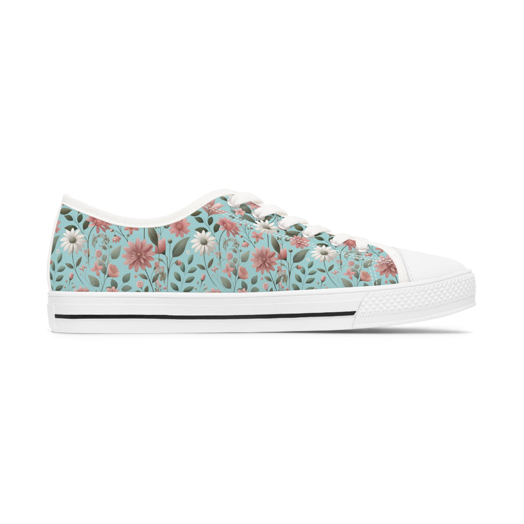 Aqua and Pink Floral Women's Low Top Sneakers Breathable Polyester Canvas, Lightweight Stylish Floral Pastel Design, Comfortable All-Day Wear, Perfect for Walking and Everyday Activities - MRSBYVALLE