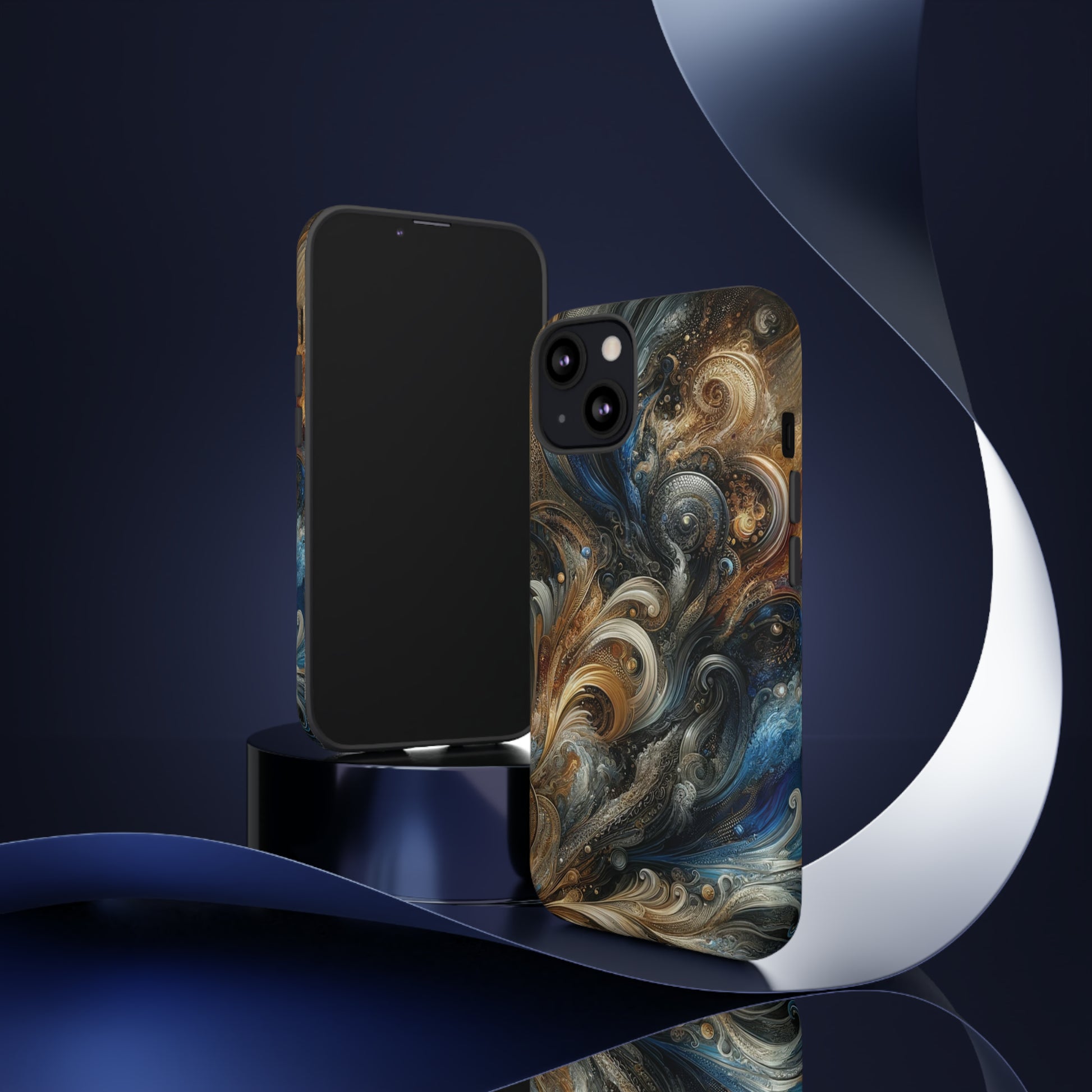 Gold and Navy Art Design Luxury Phone Tough Case Floral Elegant Durable Stylish for Modern Devices iPhone 15, Samsung iPhone Samsung Accessory Gift for Her.