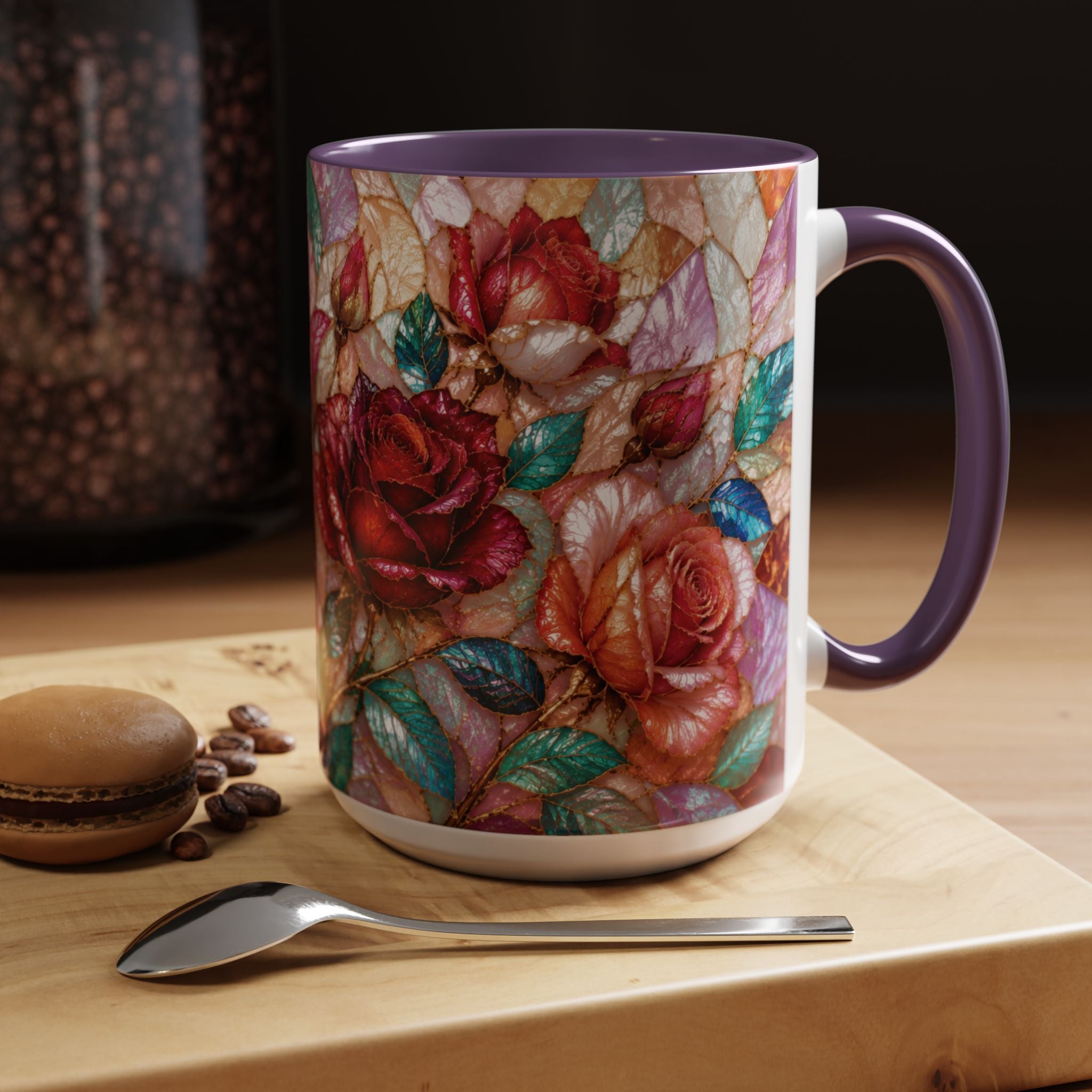 Floral Stained-Glass Accent Coffee Mug Colorful Rose Pattern (11/15 oz) Gift for Her