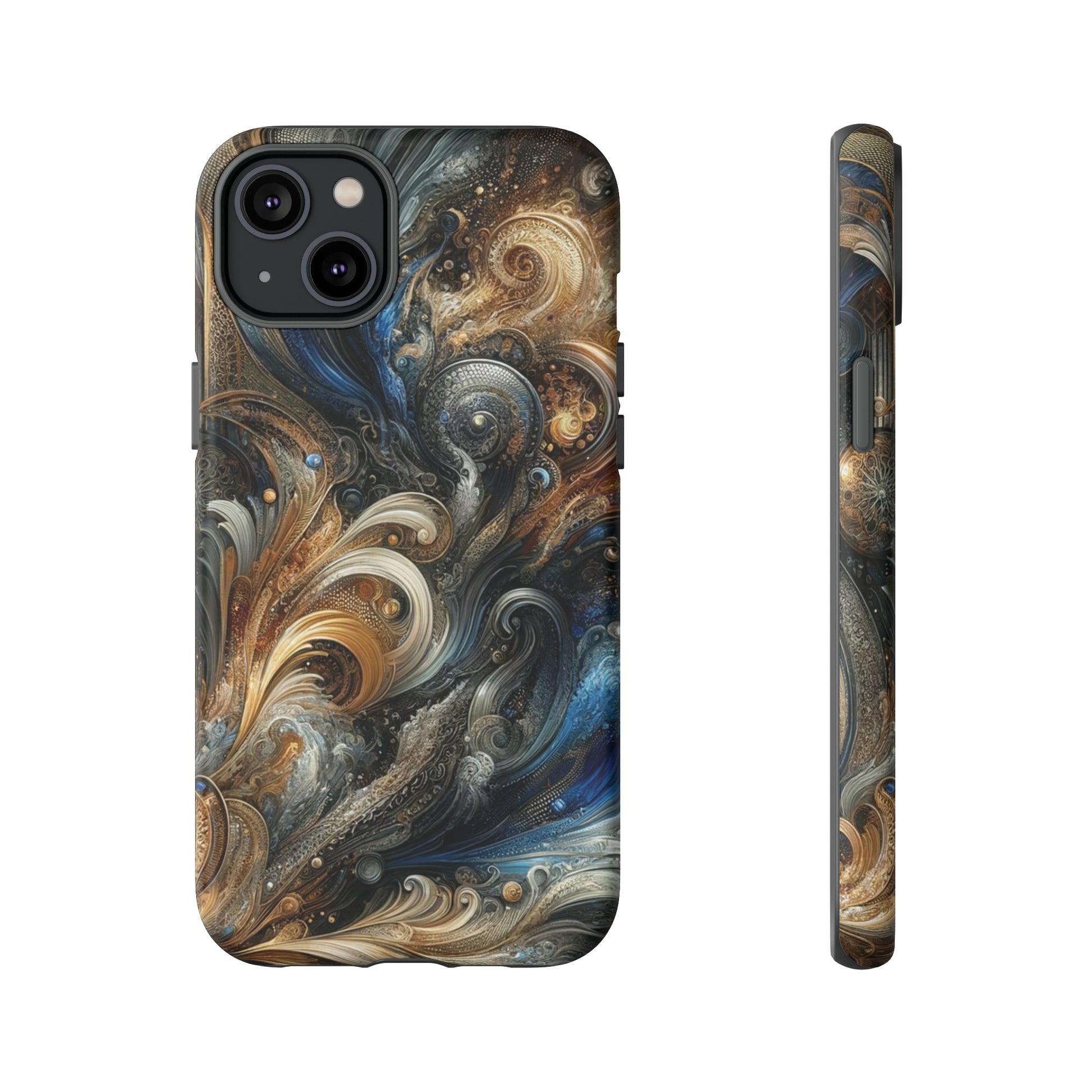 Gold and Navy Art Design Luxury Phone Tough Case Floral Elegant Durable Stylish for Modern Devices iPhone 15, Samsung iPhone Samsung Accessory Gift for Her.