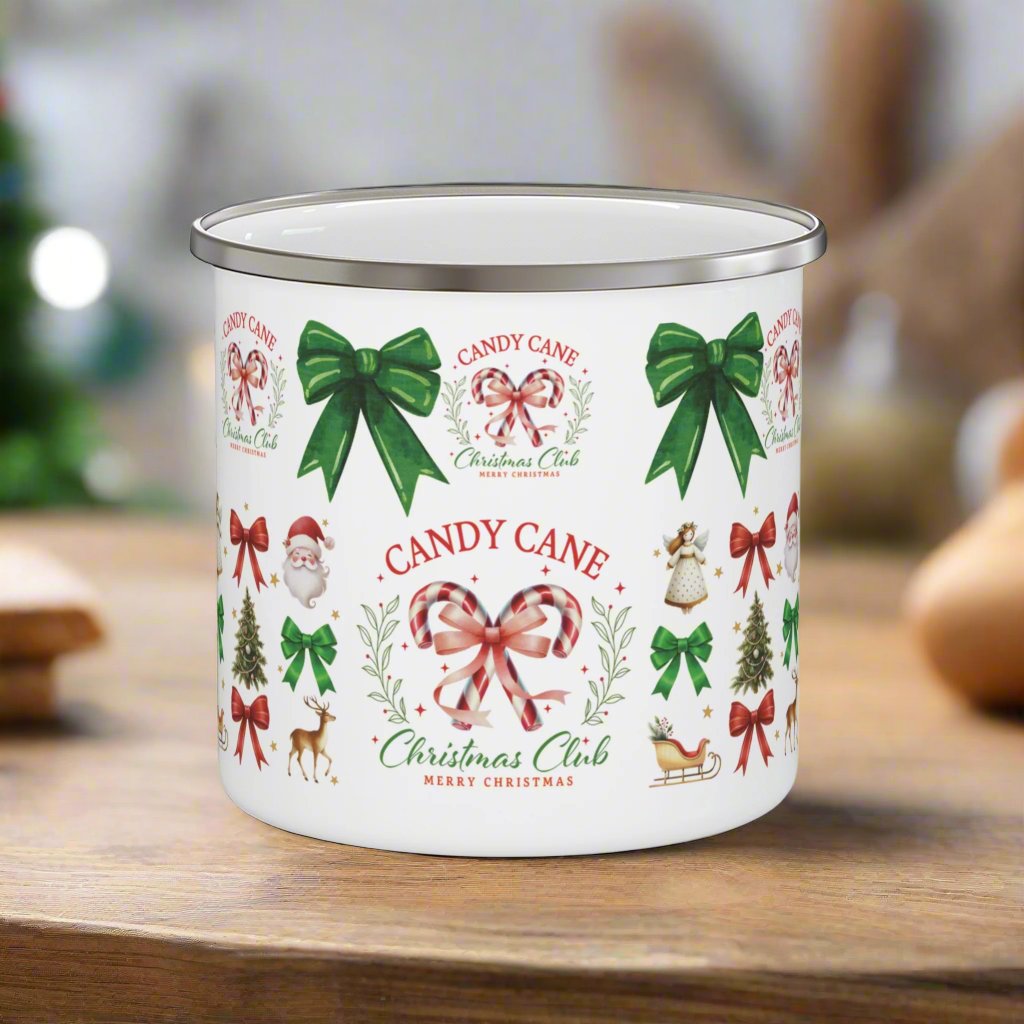 Christmas Enamel Camping Mug 12oz Enamel Camping Mug Red and Green Bows Durable, Lightweight Mug for Holiday Camping, Hot Cocoa, Coffee | Perfect Christmas Gift - MRSBYVALLE